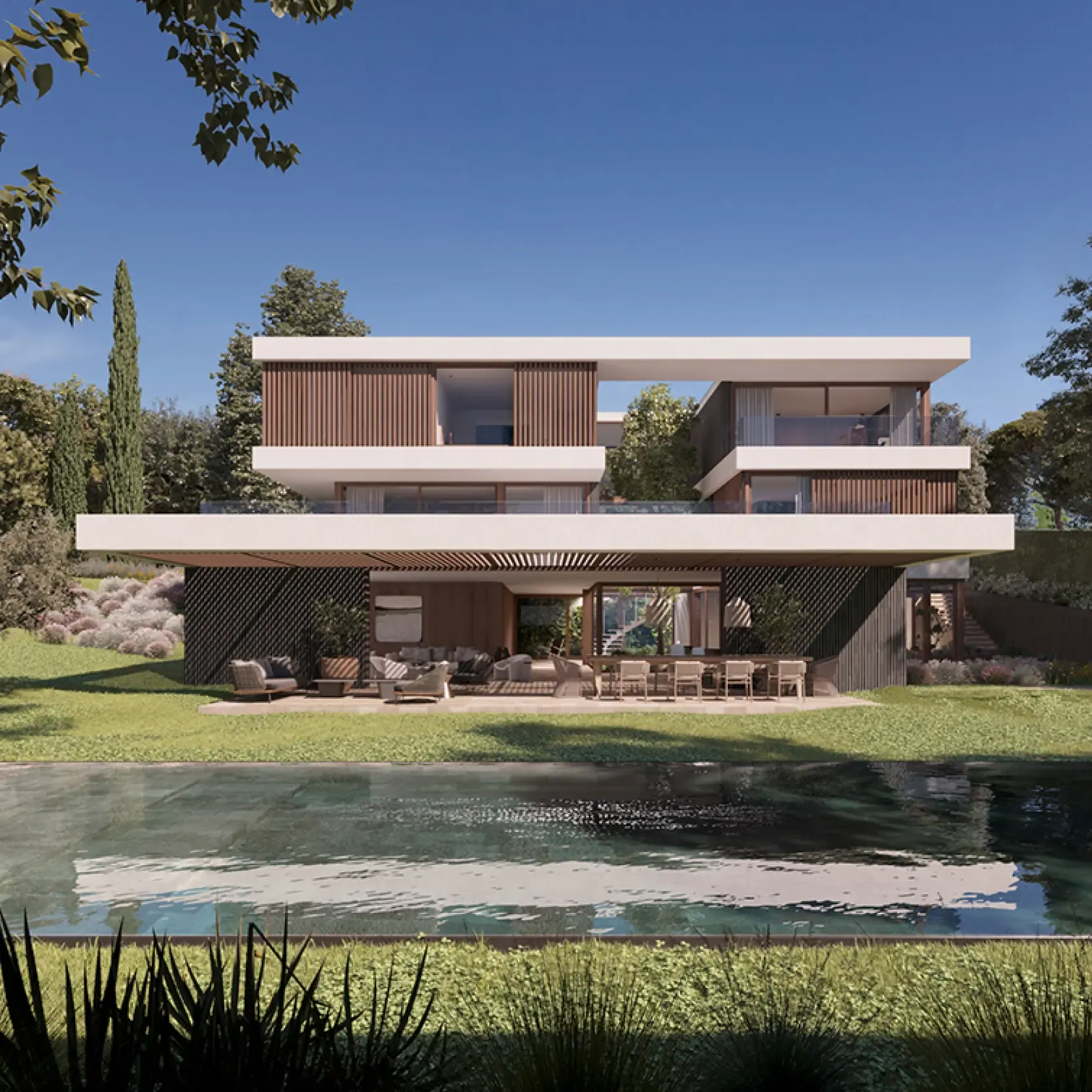 Contemporary luxury villa facade with wood slats and pool in a lush garden