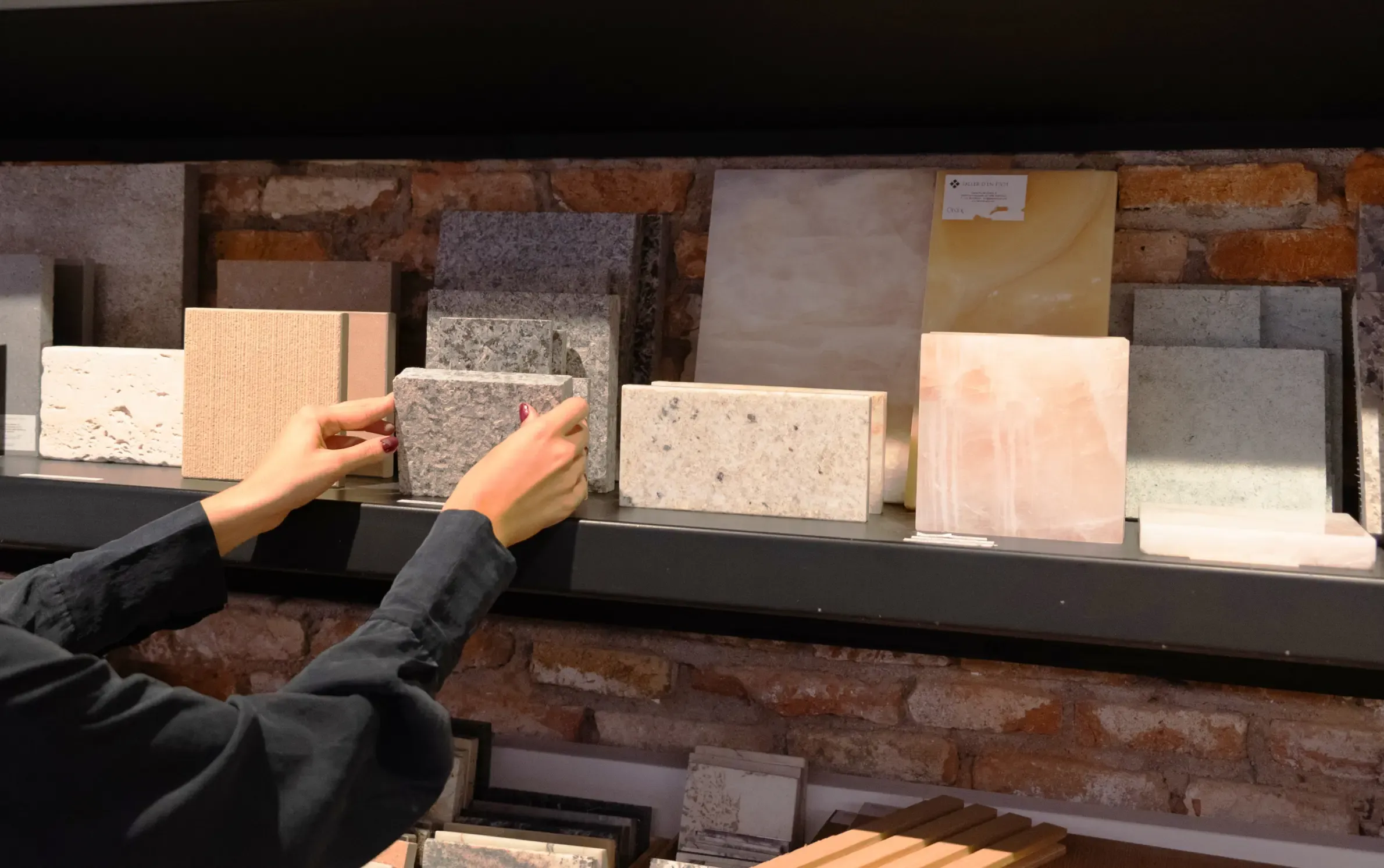 Curated stone and surface material samples for LUV Lifestyle interior projects