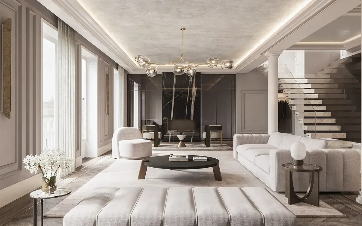 Elegant living room by Luv studio featuring luxury interior design with neutral tones and architectural lighting.