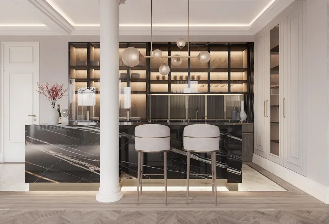 Sophisticated kitchen with marble island and backlit shelving, part of a Luv studio luxury penthouse in Barcelona.