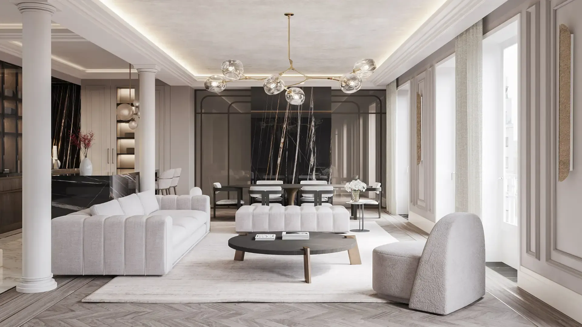 Bright penthouse space designed by Luv studio, showcasing refined luxury architecture and a marble-accented dining area.