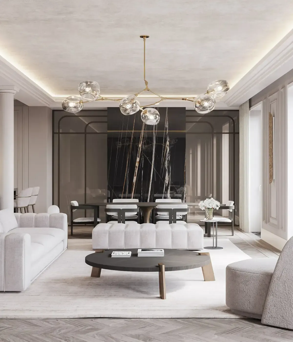 Bright penthouse space designed by Luv studio, showcasing refined luxury architecture and a marble-accented dining area.