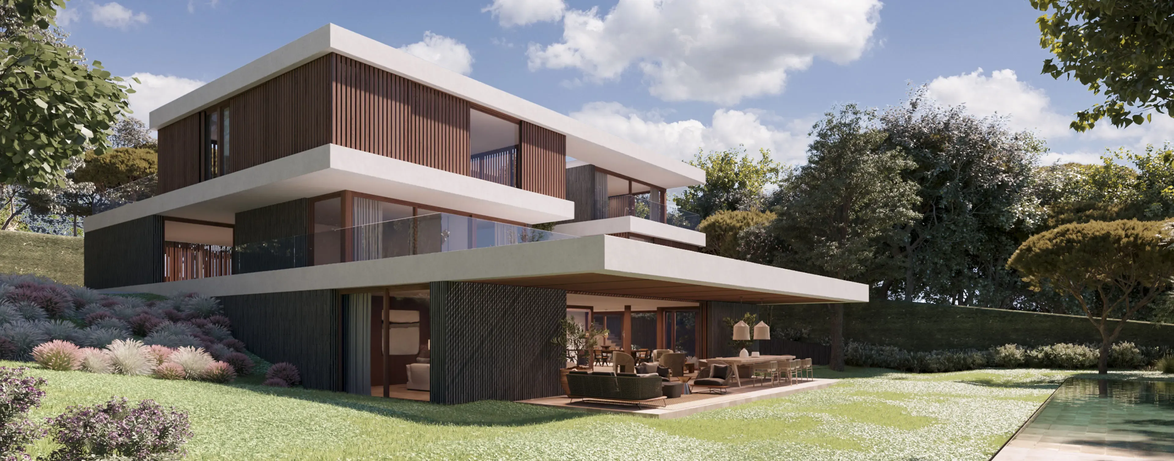 Angled view of modern architecture with expansive outdoor living space