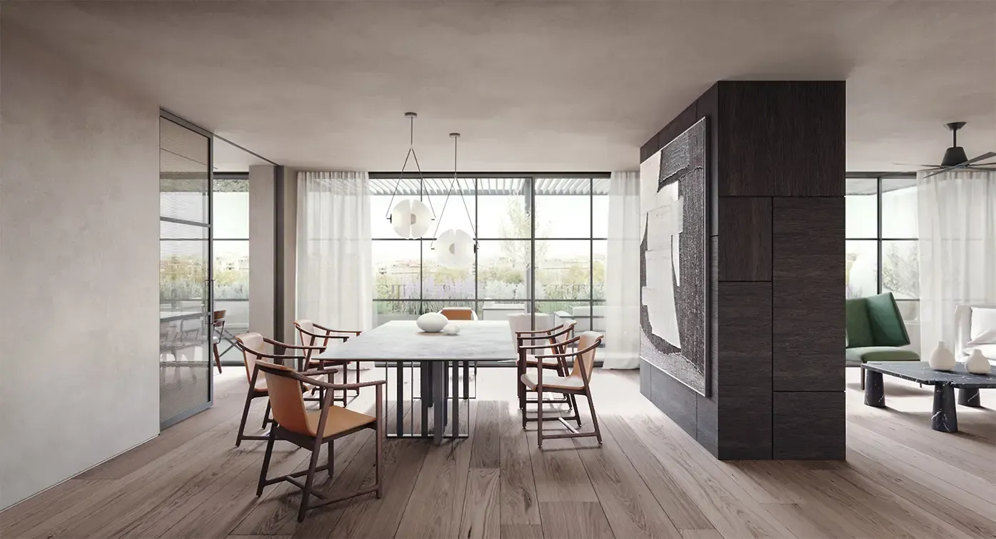 Contemporary dining area with sculptural lighting and natural textures by Luv Studio in a luxury Barcelona residence.