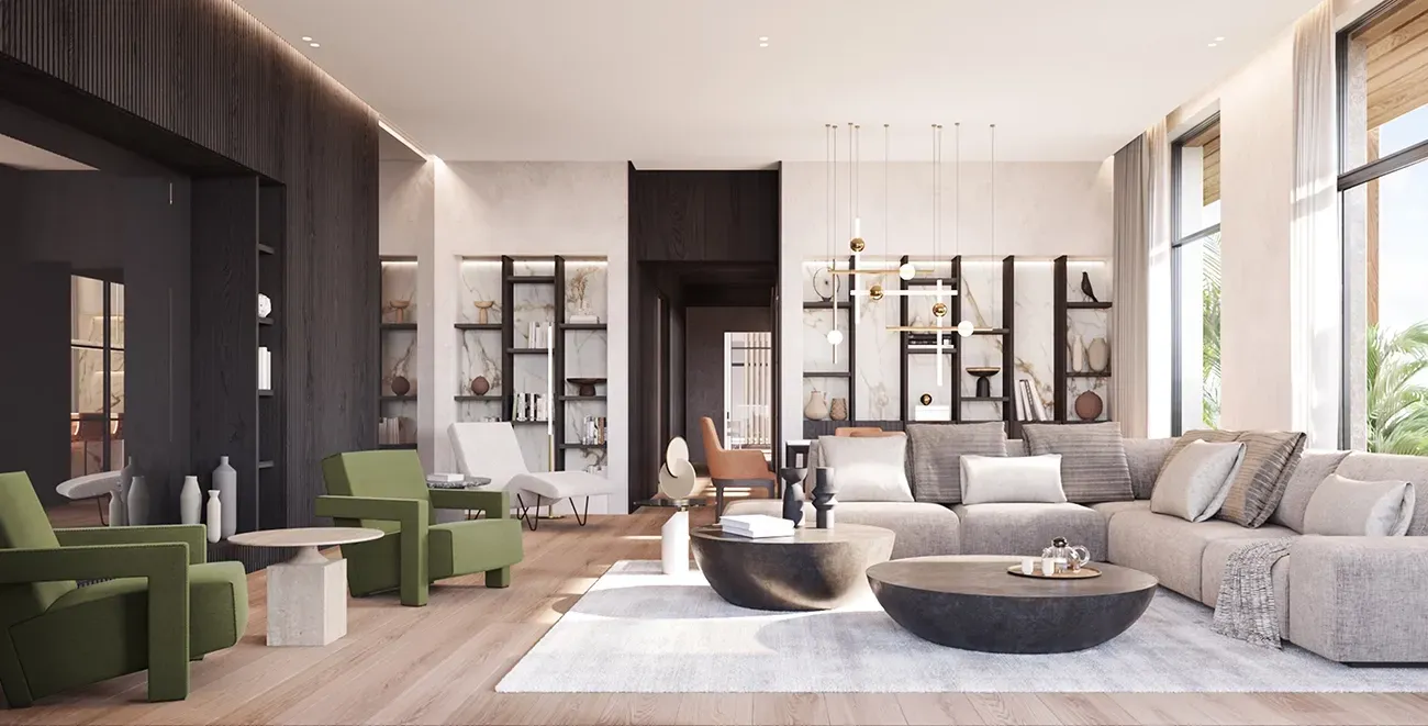 Spacious living room at Carlyle Luxury Residences with custom furniture, open shelving and natural light