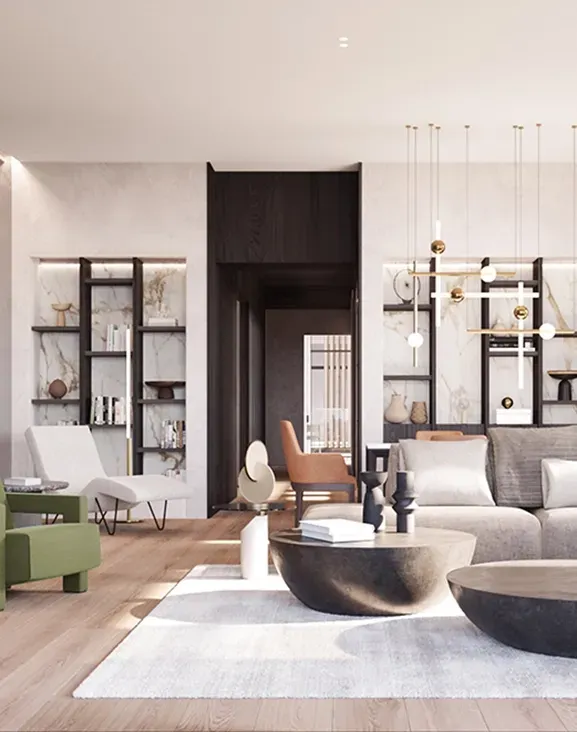 Spacious living room at Carlyle Luxury Residences with custom furniture, open shelving and natural light