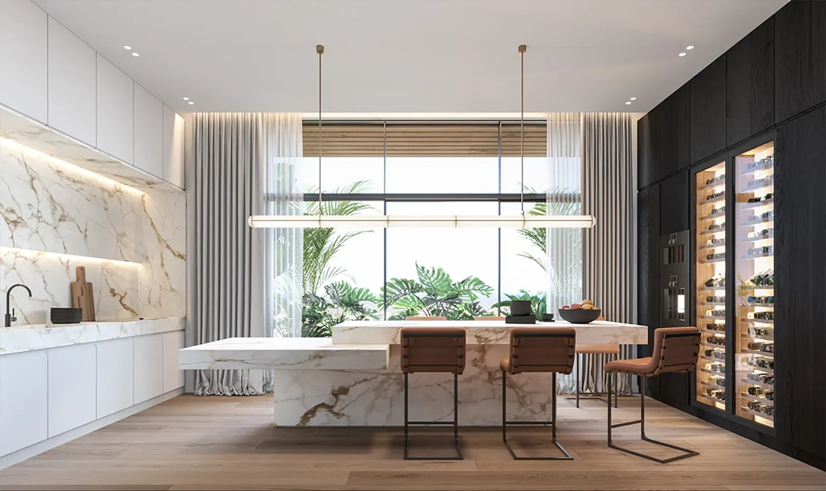 Designer kitchen at Carlyle Luxury Residences with marble surfaces, integrated wine storage and garden views