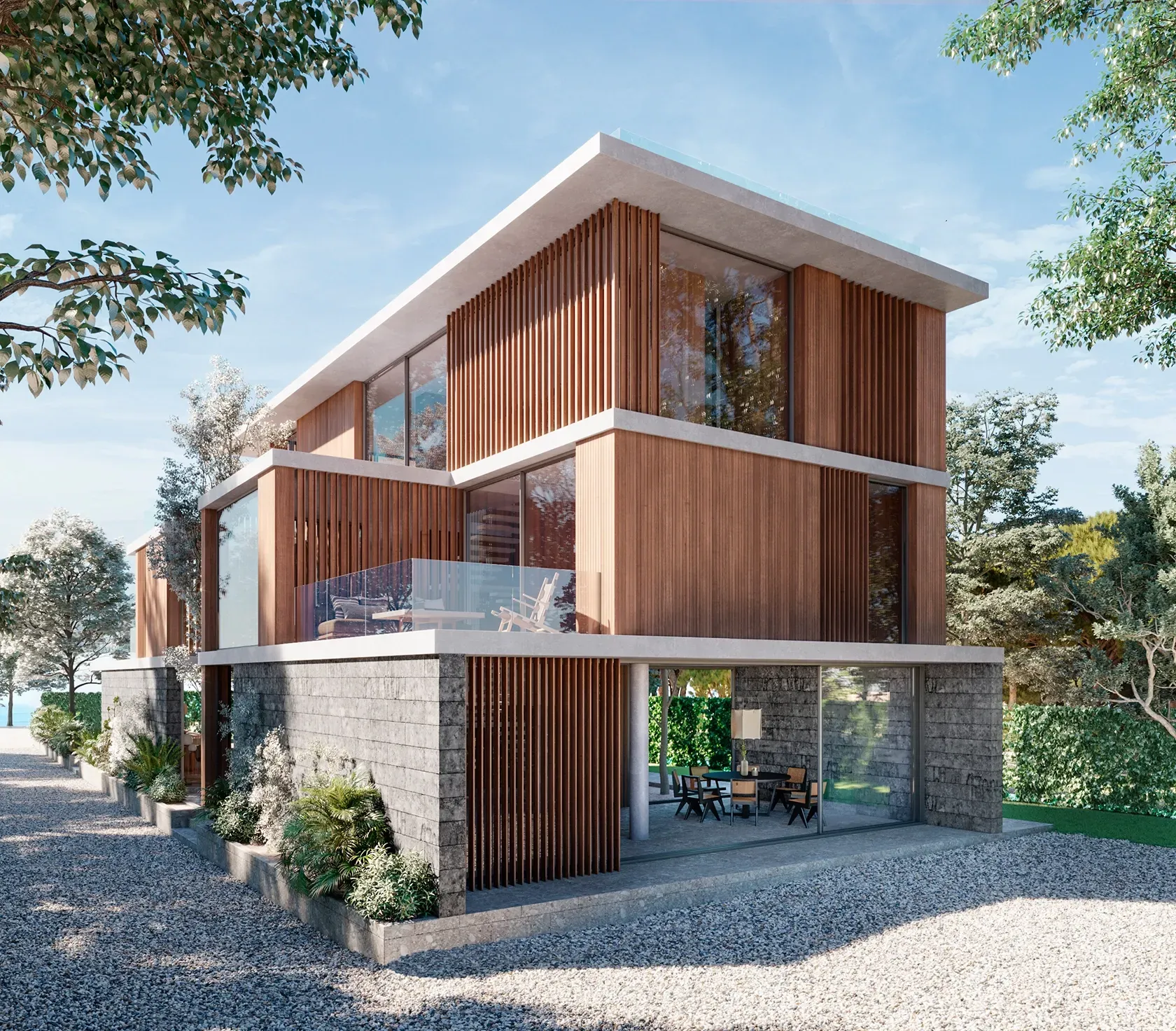 Side view of a modern villa with vertical wooden slats and floor-to-ceiling windows.