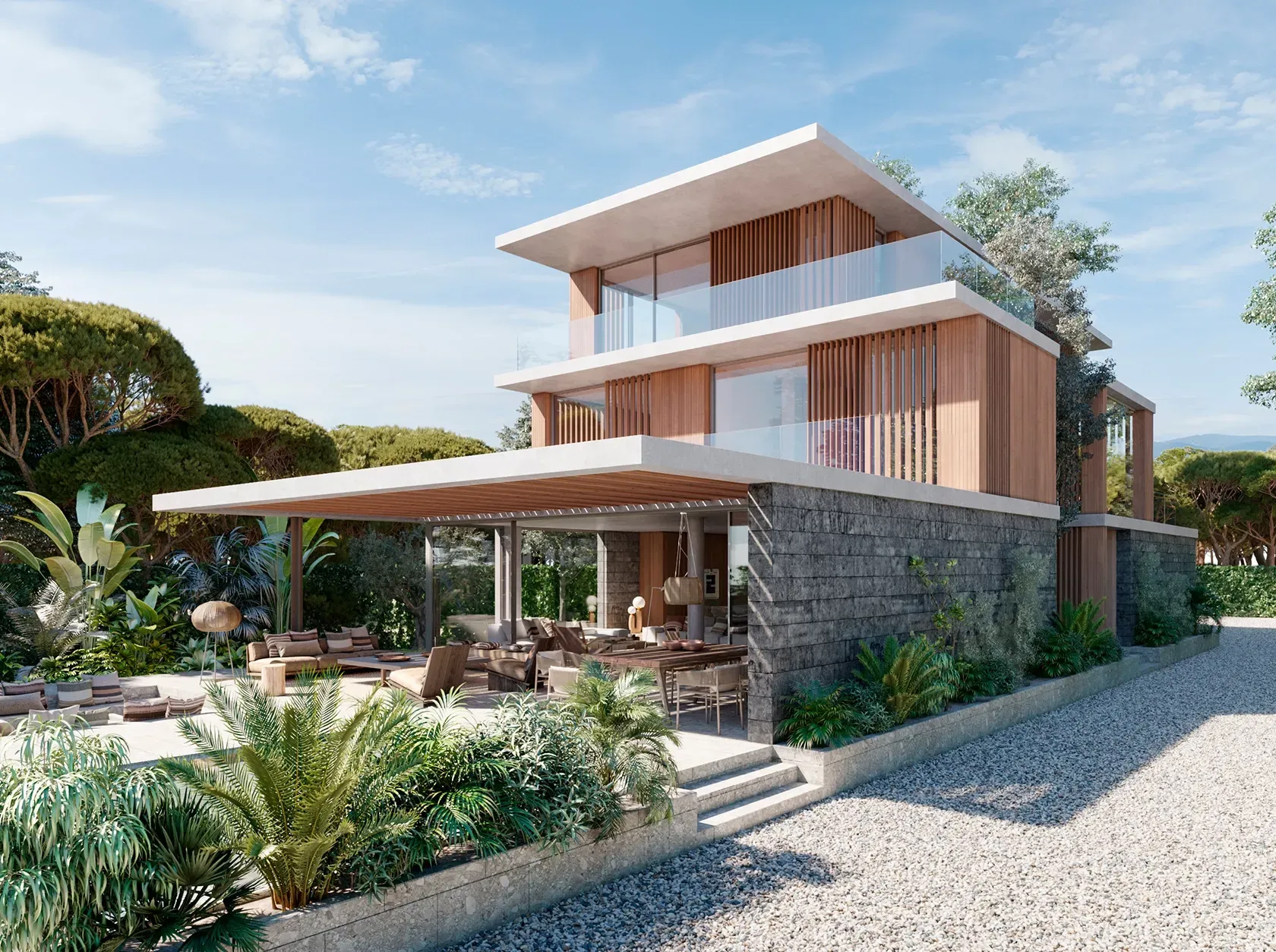 Three-story villa with glass balconies and lush garden, designed in minimalist style.