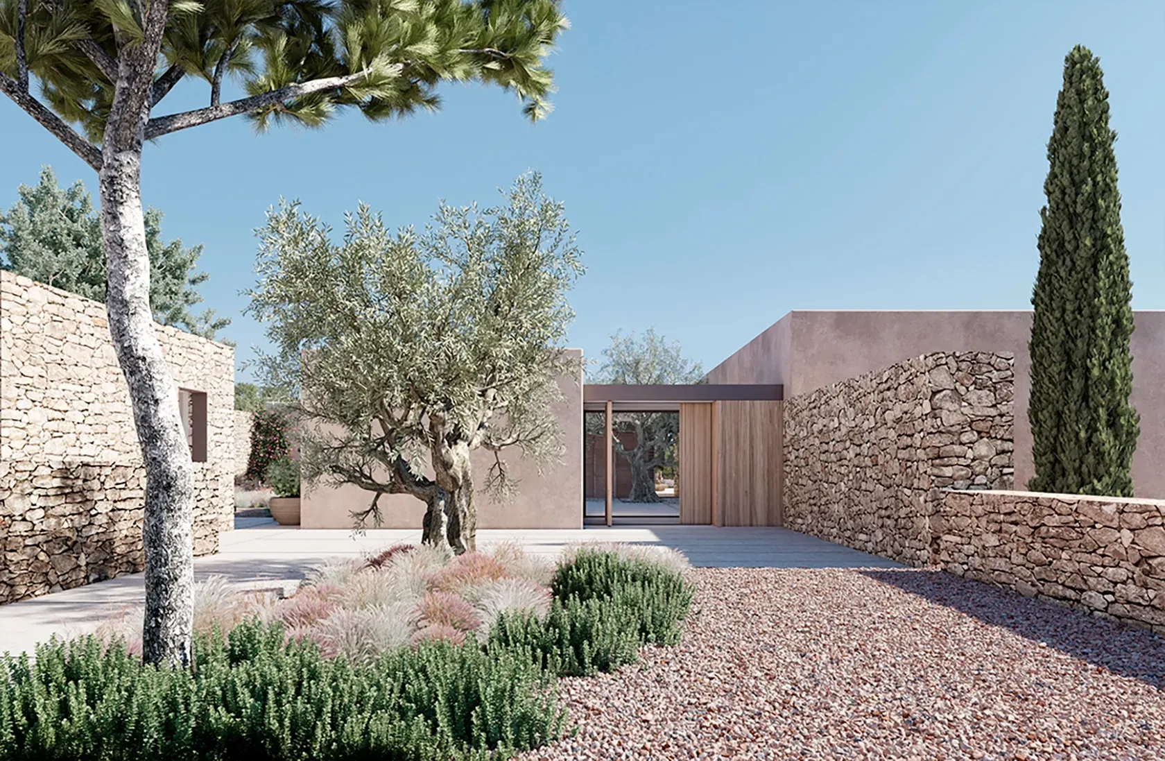 Ibiza villa entrance by LUV Studio with rustic stone walls, native landscaping, and Mediterranean architectural charm.