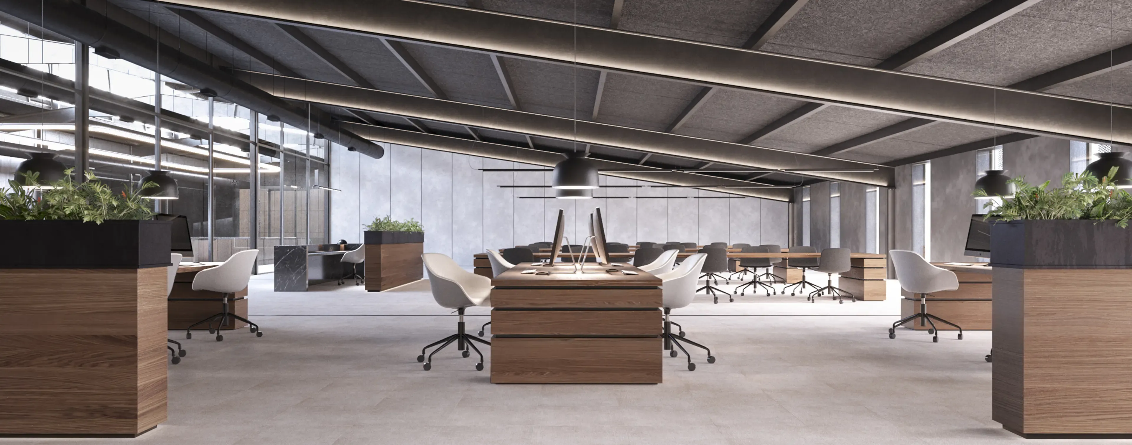 Contemporary open-plan office with wood desks and black lighting fixtures at Titan Building.