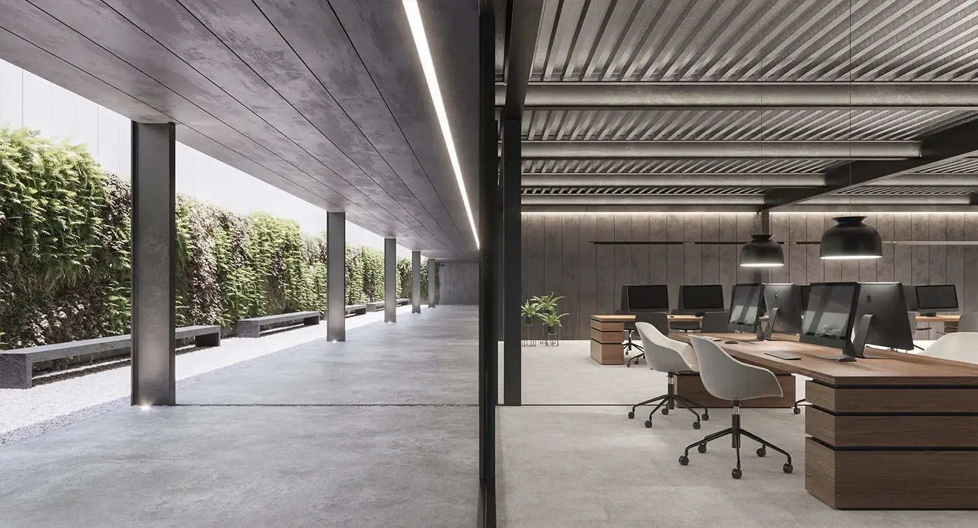 Seamless indoor-outdoor workspace with green wall and minimalist concrete design.
