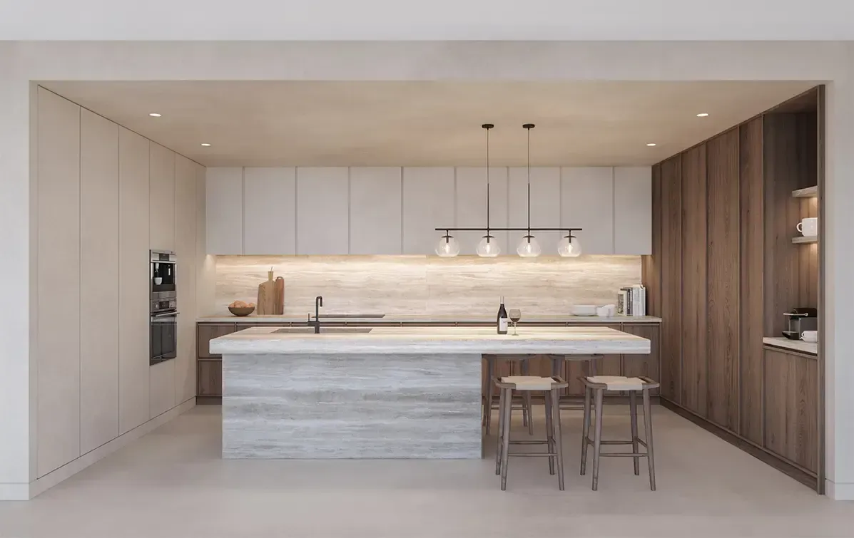Minimalist kitchen with travertine island and wood cabinetry, designed by Luv Studio for a luxury home in Menorca.