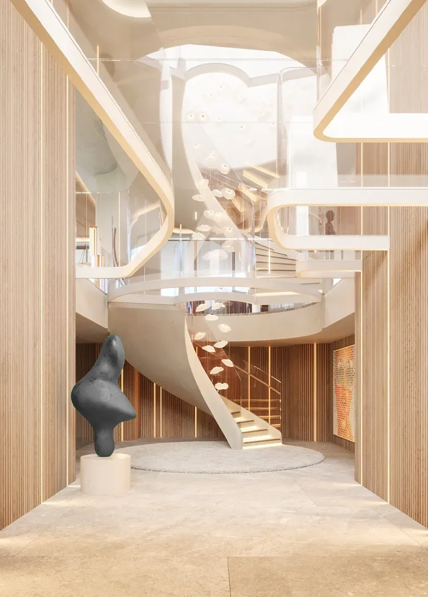 Double-height entryway with sculptural staircase, organic lighting feature, and modern architectural lines.