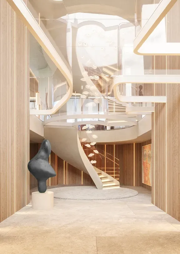 Double-height entryway with sculptural staircase, organic lighting feature, and modern architectural lines.