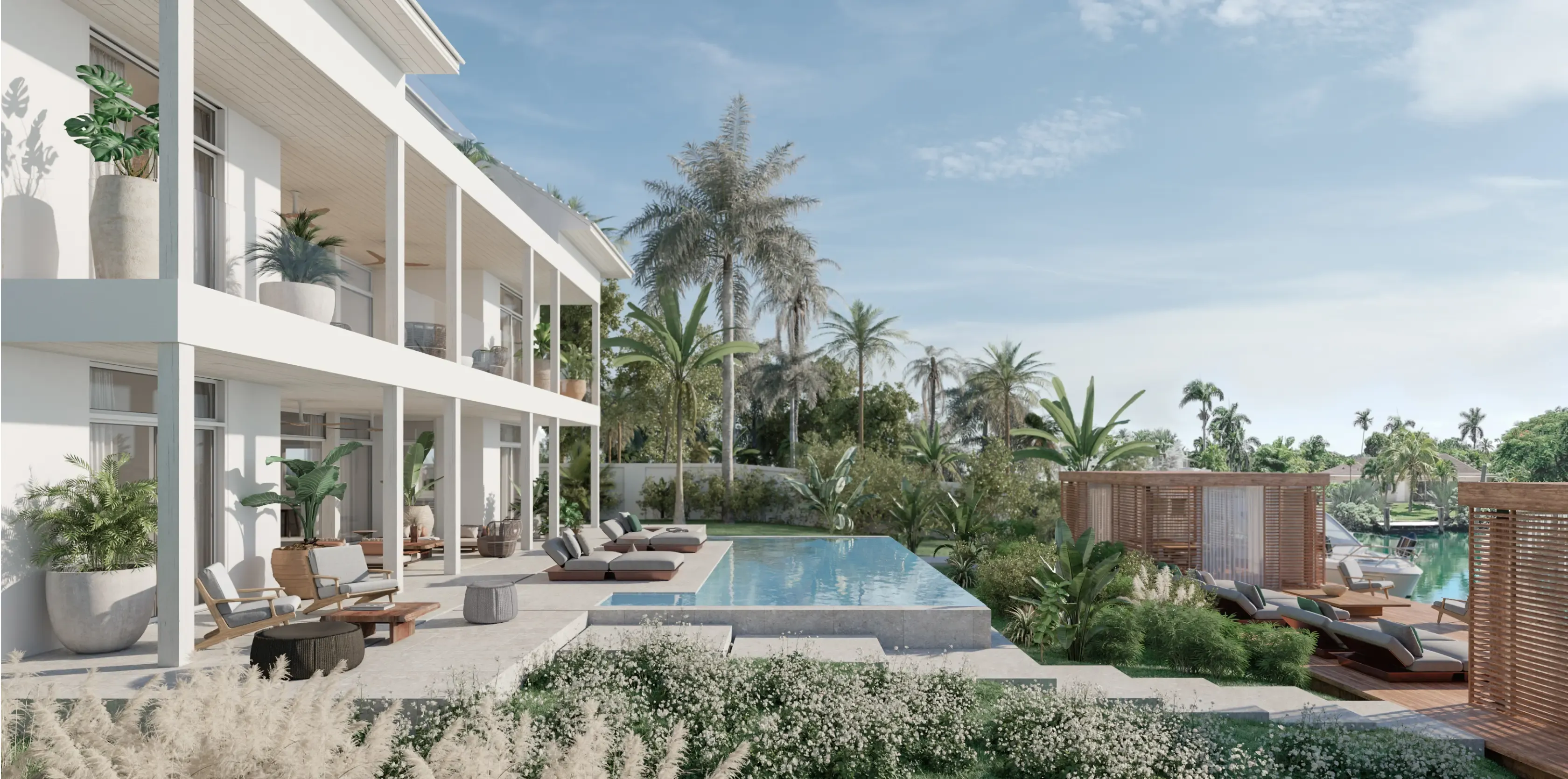Side view of a modern luxury villa in the Bahamas with infinity pool and tropical palm garden.