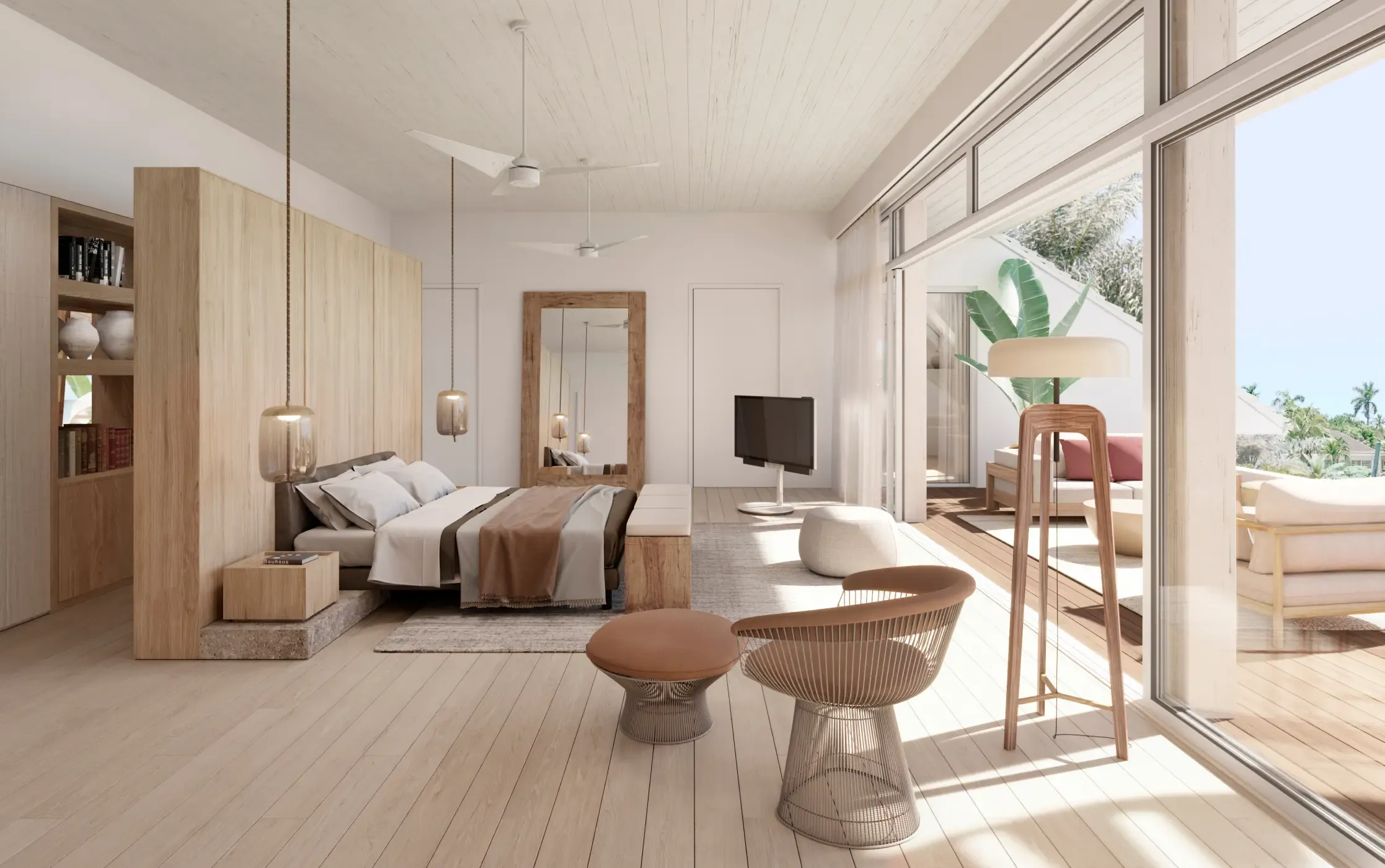 Luxury master suite with natural wood finishes, modern lighting, and terrace access.