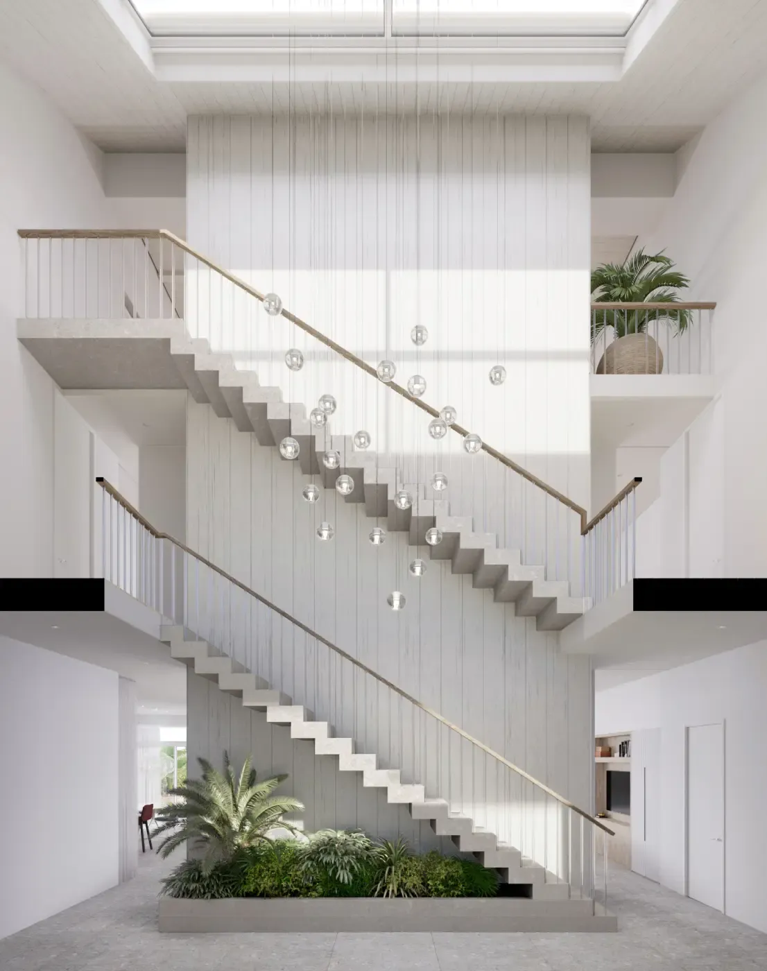Contemporary staircase with floating steps, hanging glass lights, and indoor greenery.
