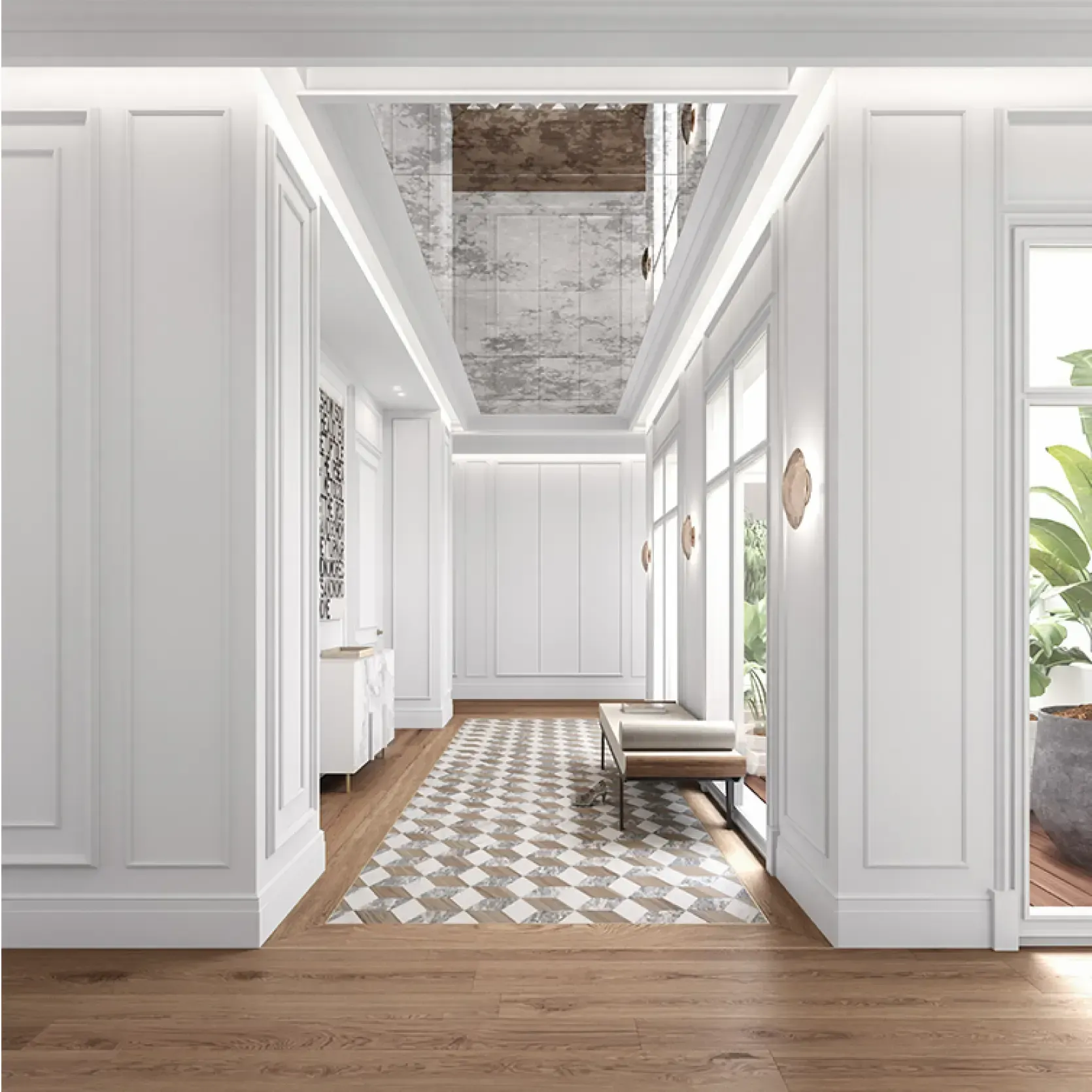 Elegant hallway with checkerboard marble flooring, white panel walls, and mirrored ceiling reflecting natural light.