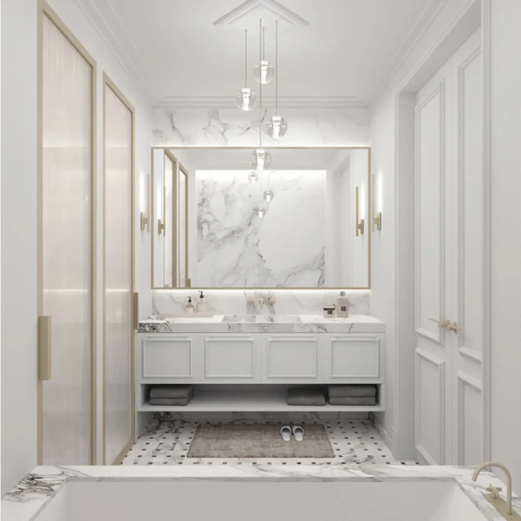 Luxurious bathroom with double marble sink, soft lighting, gold accents, and symmetrical wall-mounted mirrors.