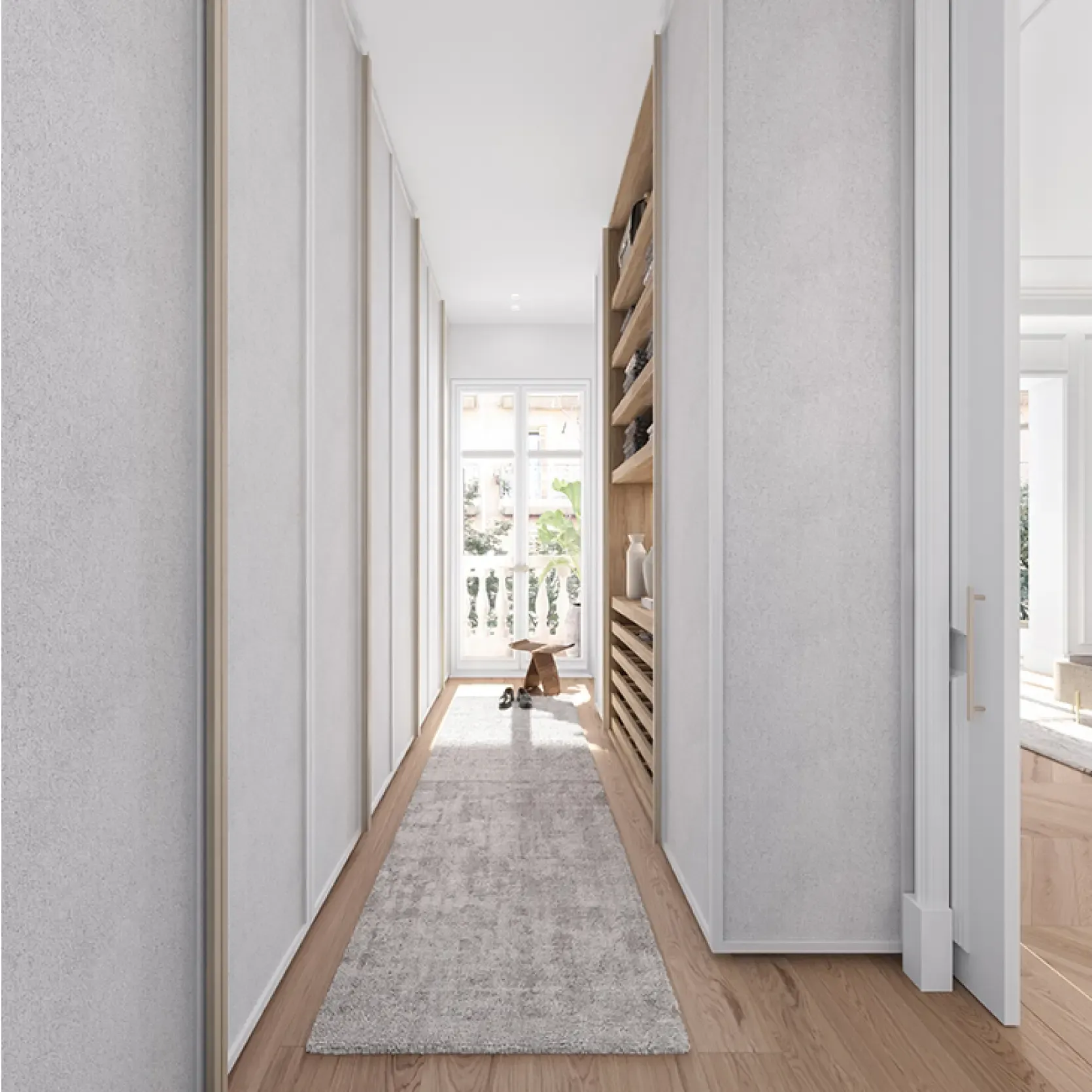 Bright walk-in closet with soft gray panels, wooden floors, and custom shelves leading to a sunlit balcony.