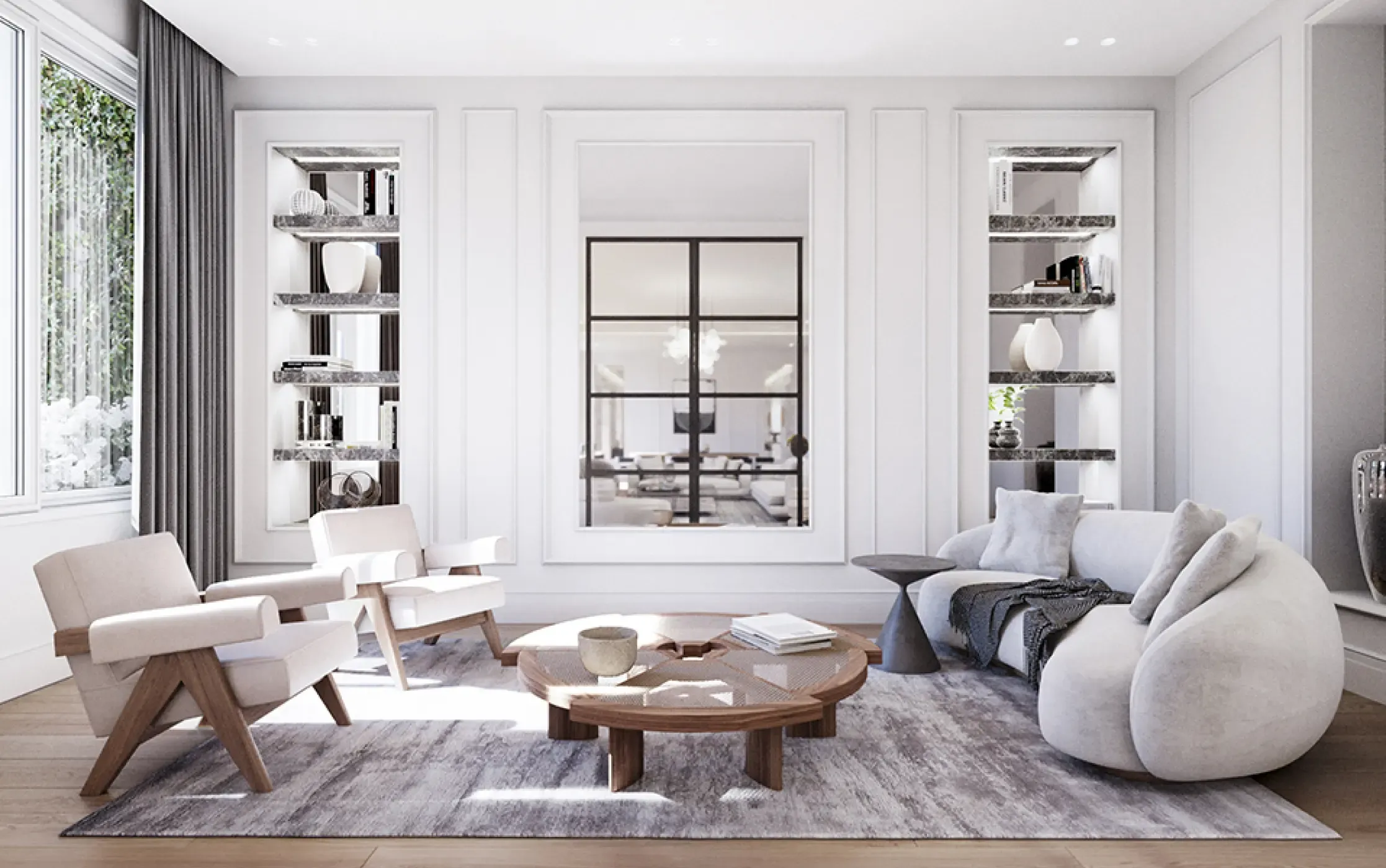 Intimate sitting room with built-in marble shelving, soft natural light, and cozy seating in a refined modern atmosphere.