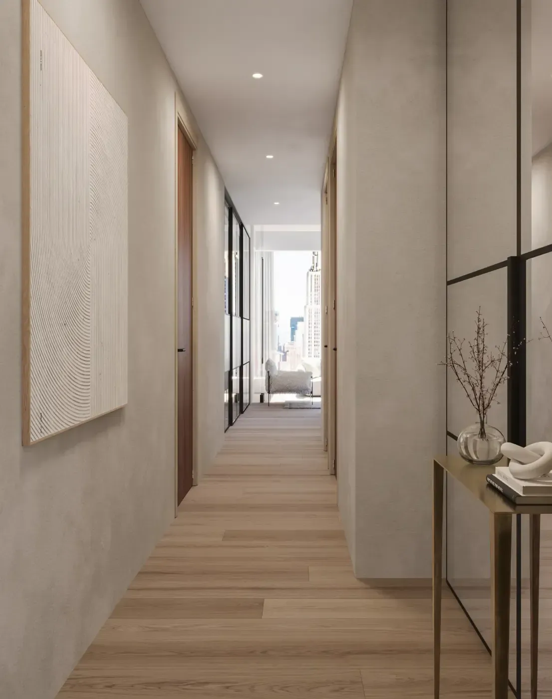 Sleek hallway with warm wood flooring and curated decor, leading to a city-view lounge in a Luv studio project.