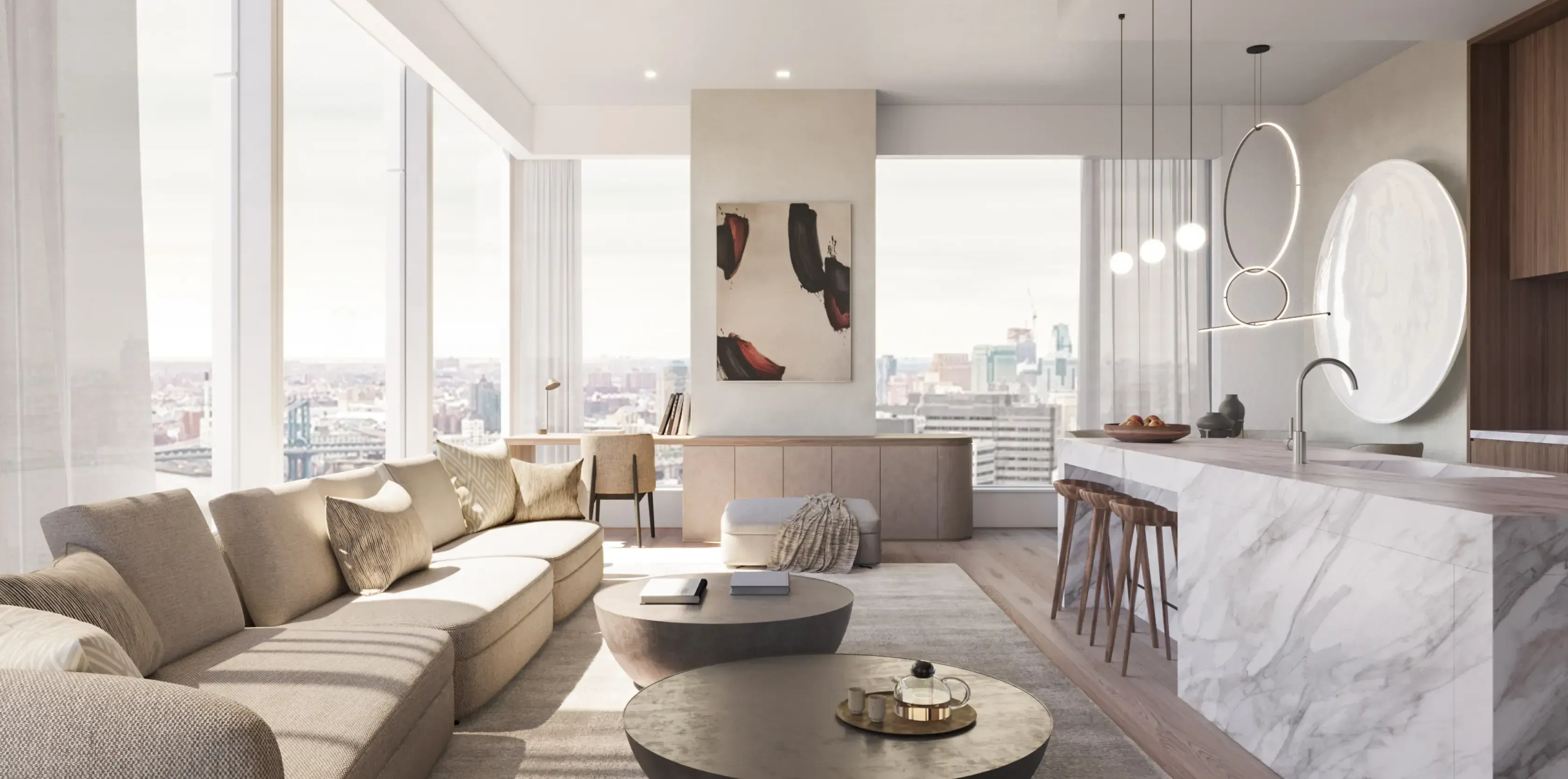 Elegant Manhattan living room by Luv studio with panoramic city views, marble kitchen island, and luxury decor.