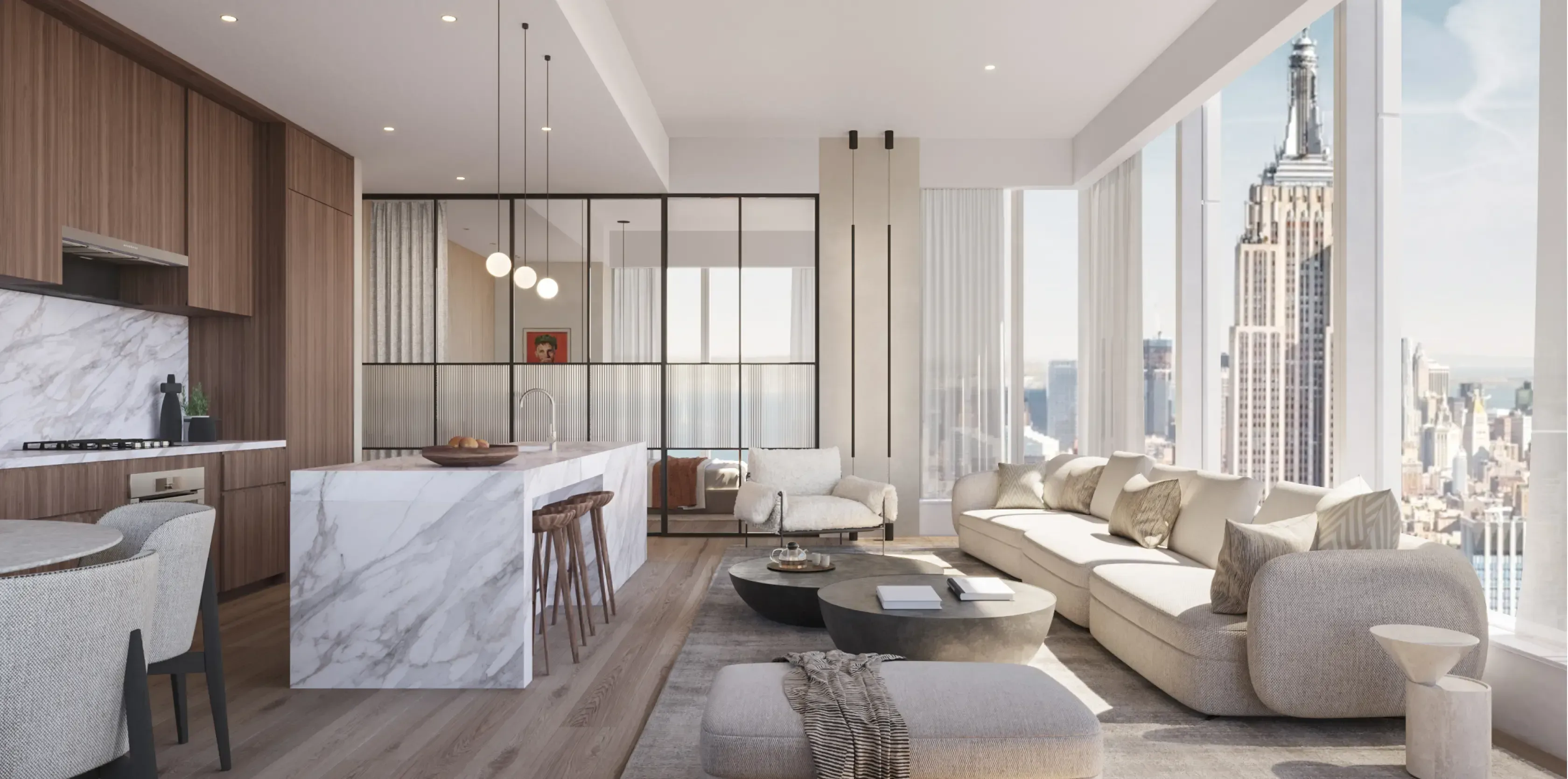 Open-plan luxury apartment with Empire State Building view, marble finishes, and warm modern interiors by Luv studio.