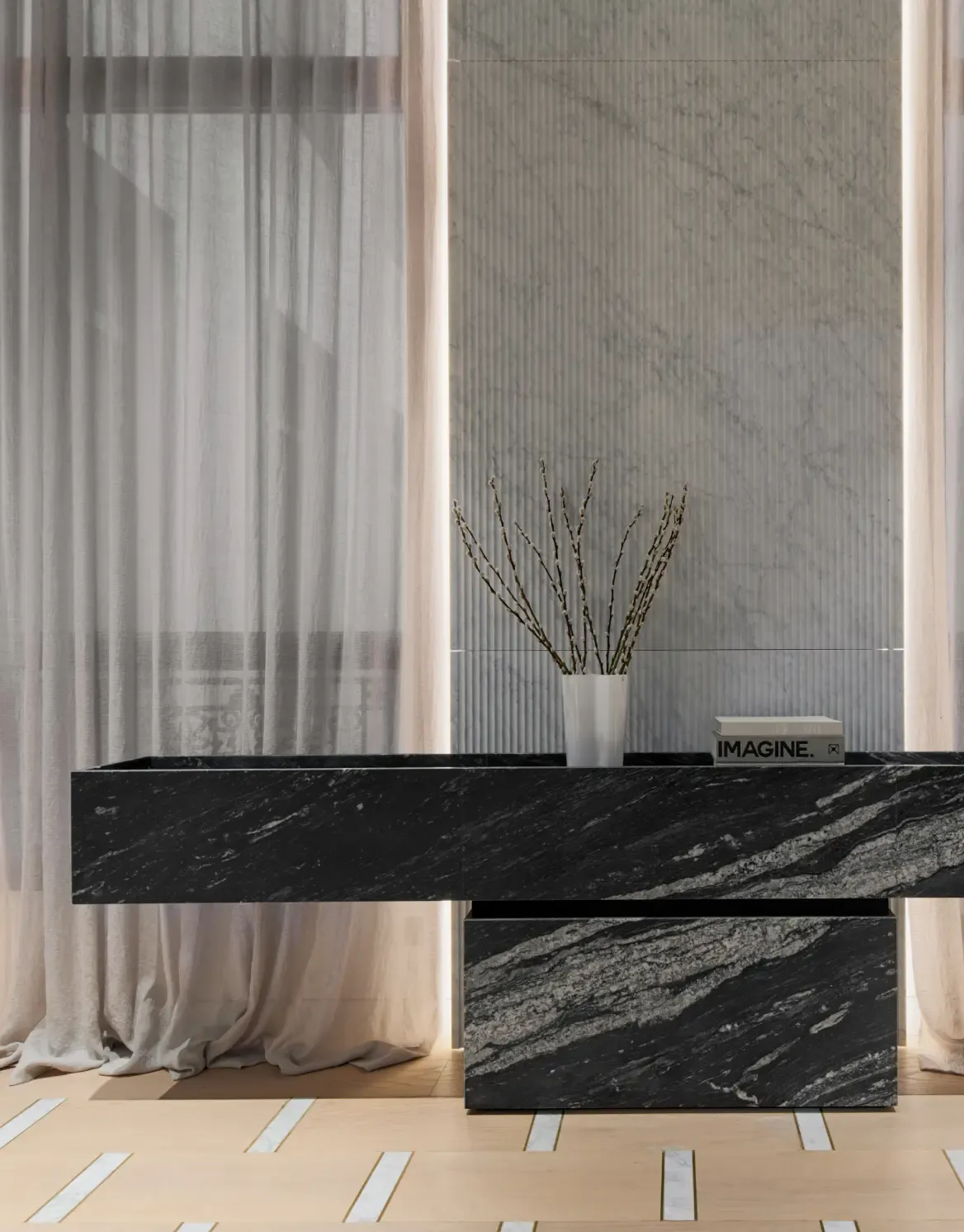 Black marble console with geometric lines and soft curtains in a contemporary interior design
