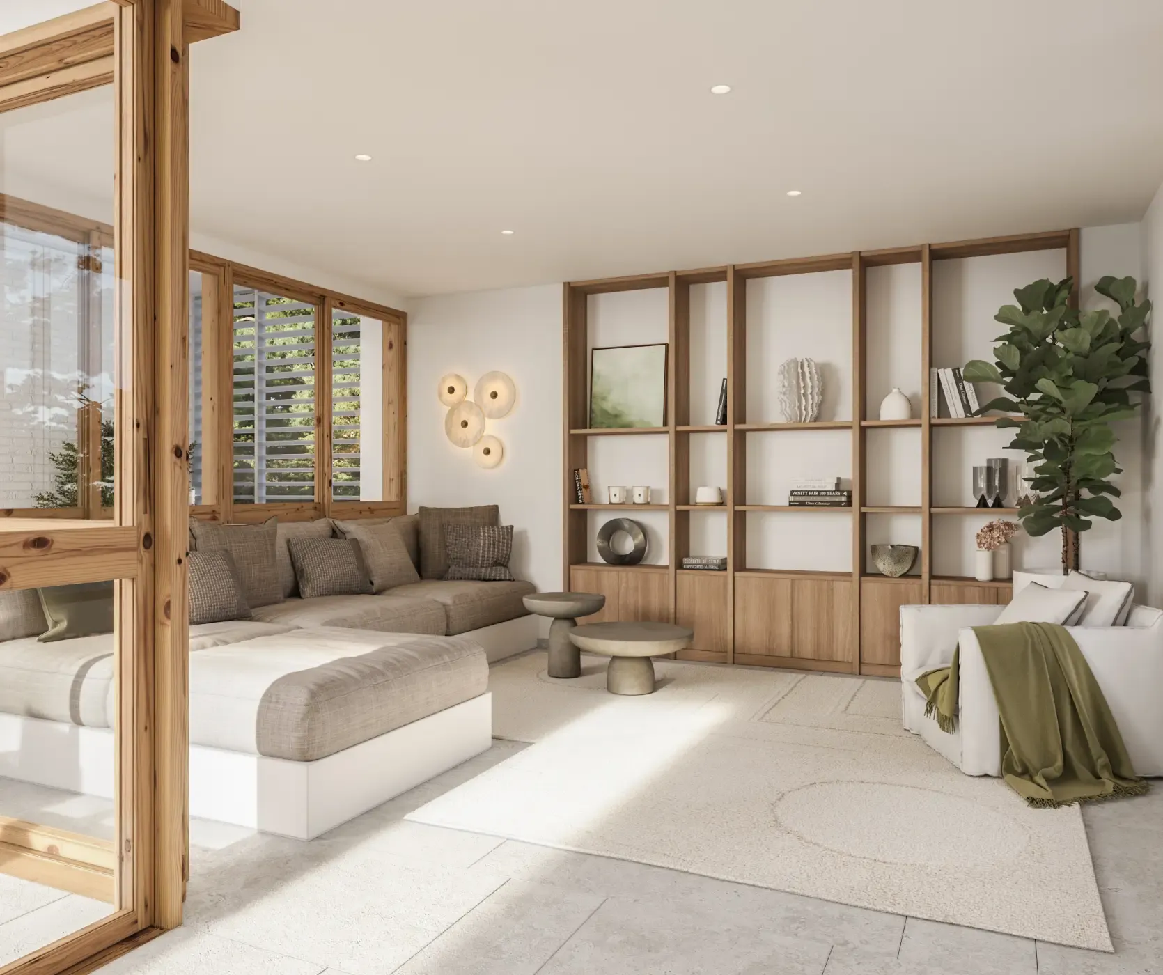 Relaxed TV room with built-in shelving, modern décor, and soft seating in a sophisticated luxury home.