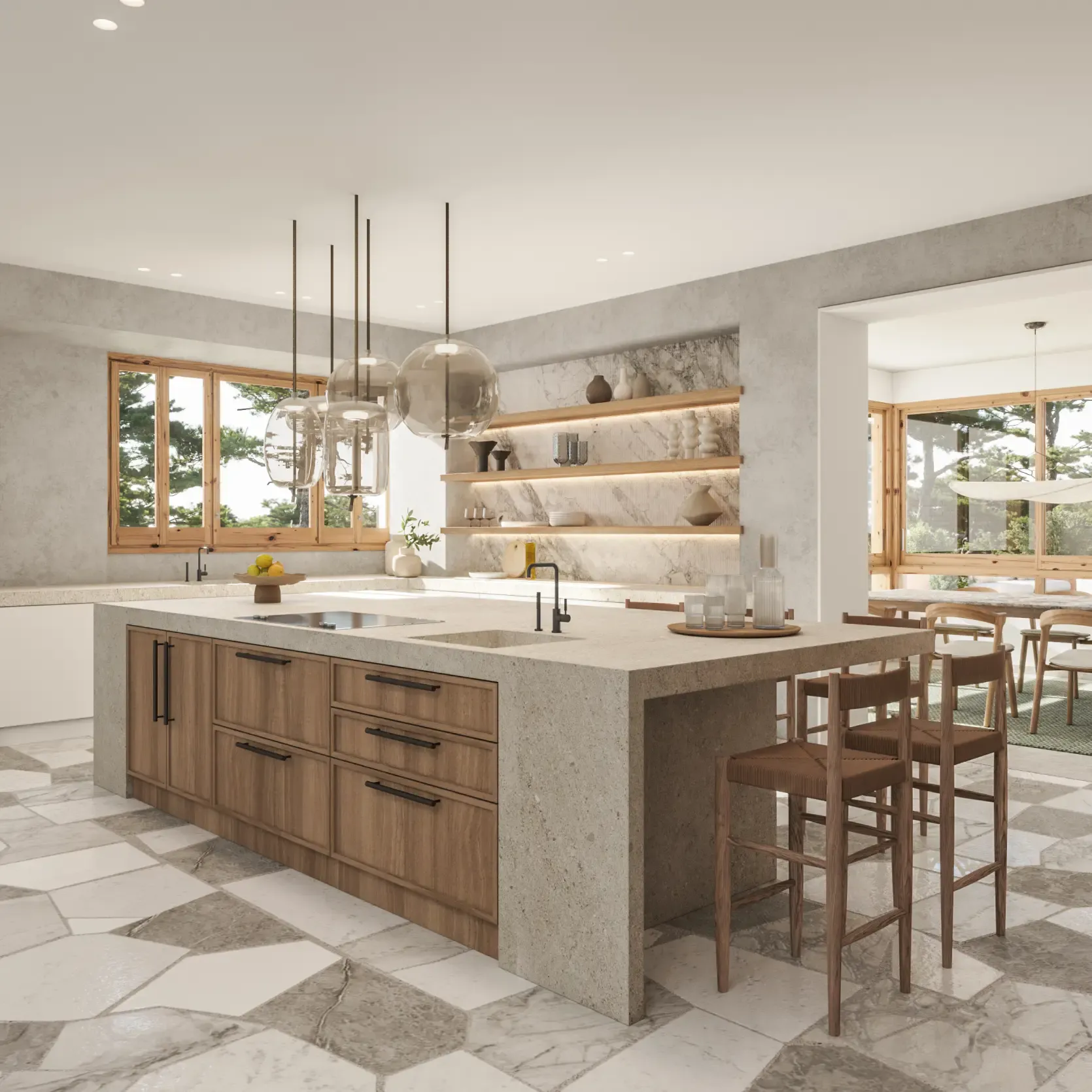 Modern kitchen with natural stone countertops, wood cabinetry, and elegant lighting in a luxury residence.