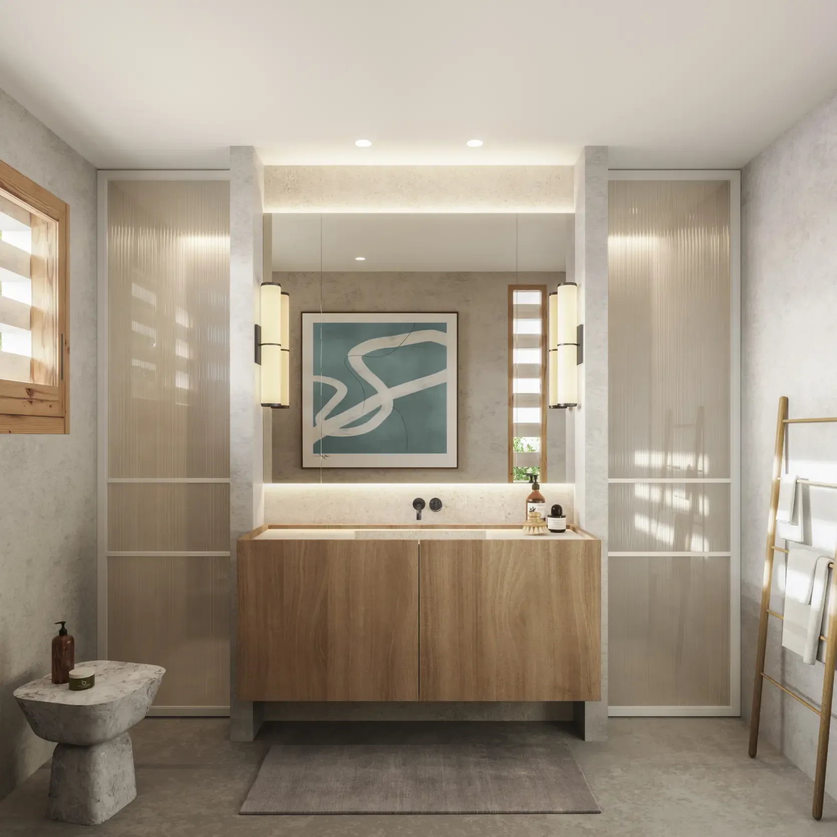 Minimalist bathroom with wood vanity, large mirror, and designer lighting in a serene luxury setting.