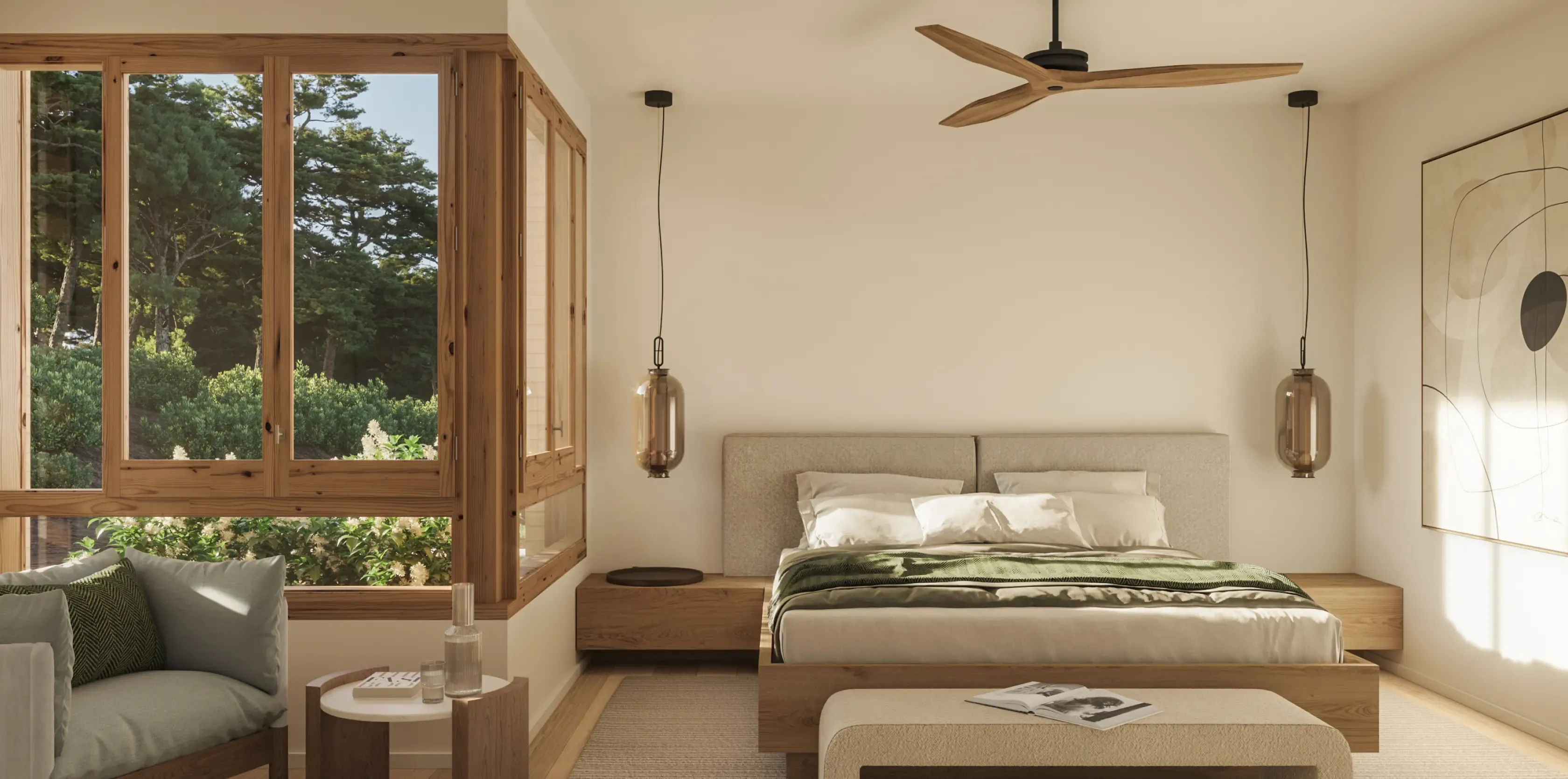Elegant master bedroom with wood flooring, modern lighting, and large windows connecting with nature.