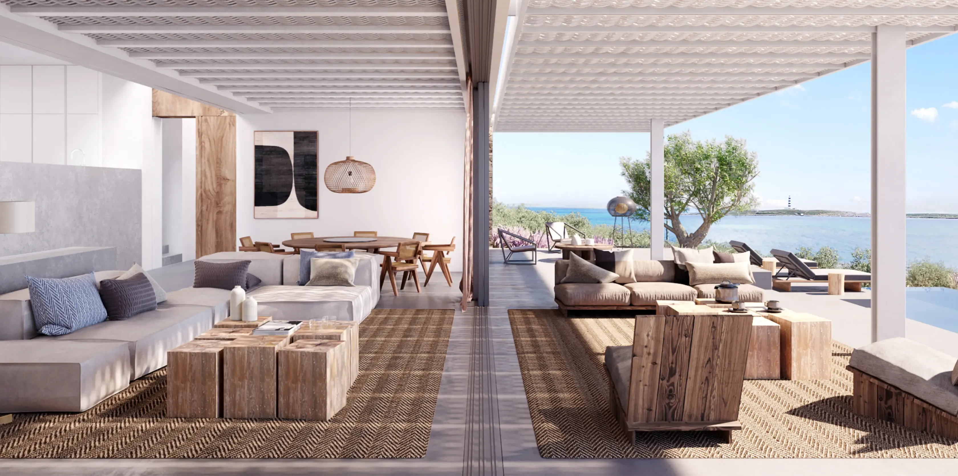 Open-plan living and dining area in a modern coastal villa, featuring natural textures and views of the sea.