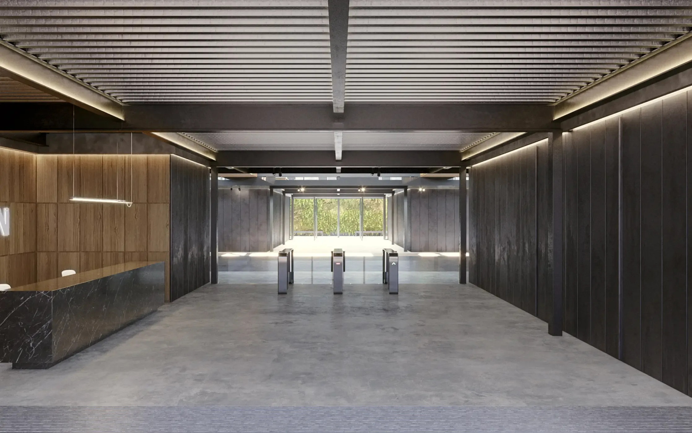 Sleek office lobby with marble reception and turnstile access at Titan Building by LUV Studio.