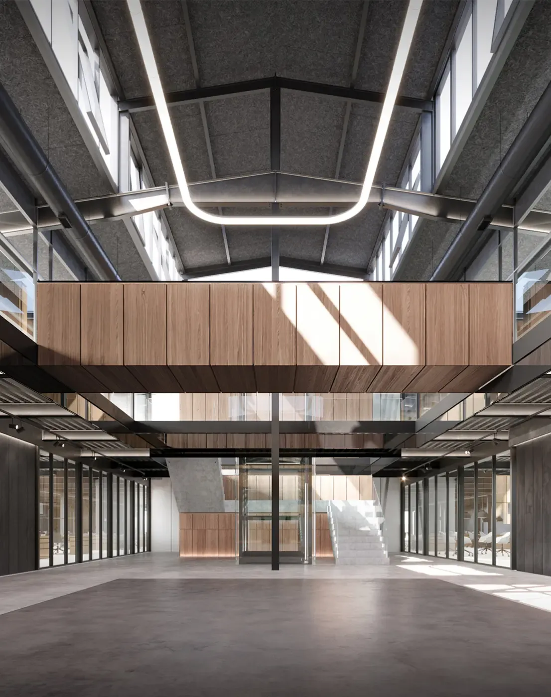 Central atrium with floating wooden walkway and skylight in Titan Building offices.