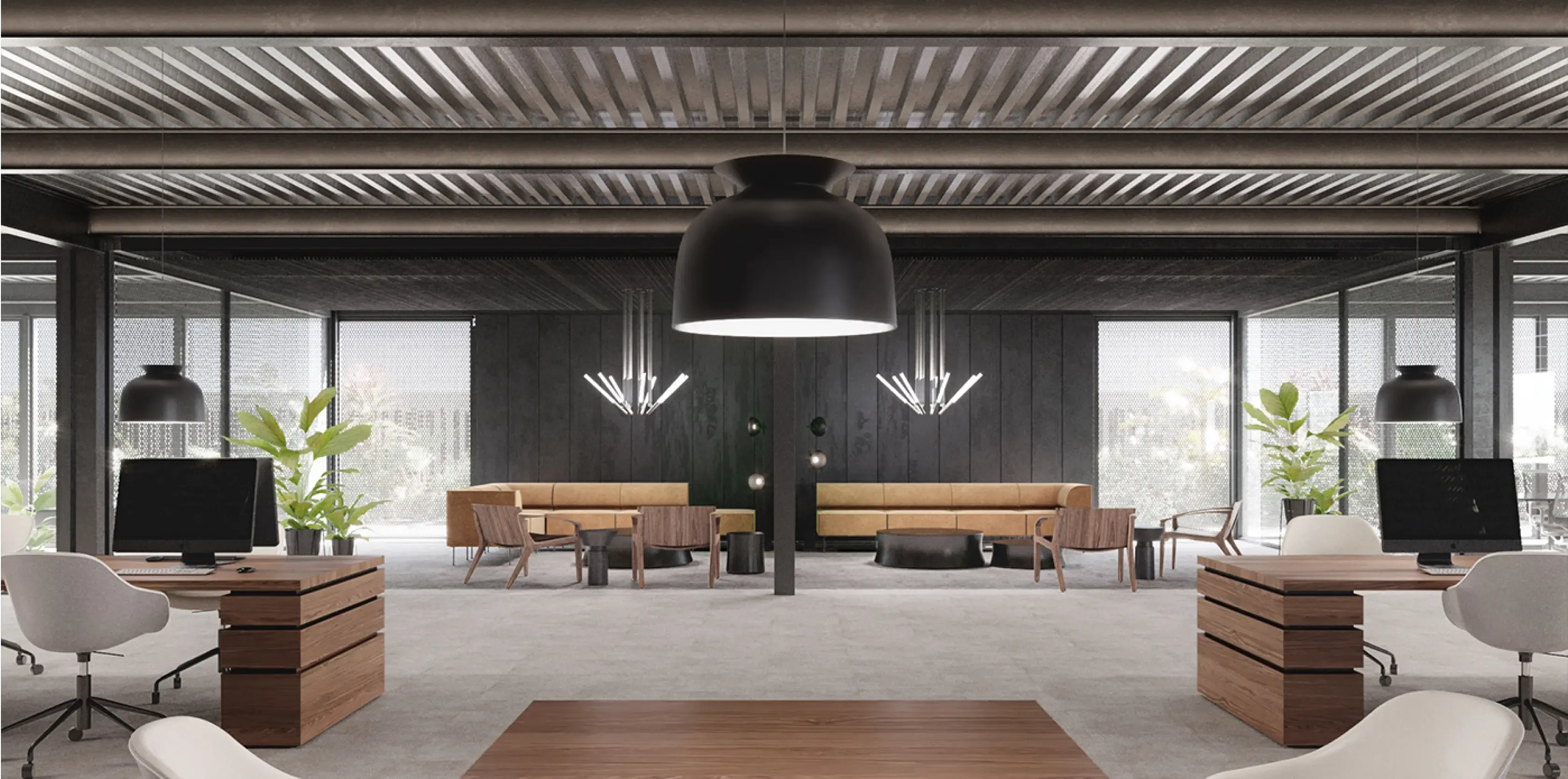 Sophisticated lounge and workspace area with elegant lighting in Titan Building.