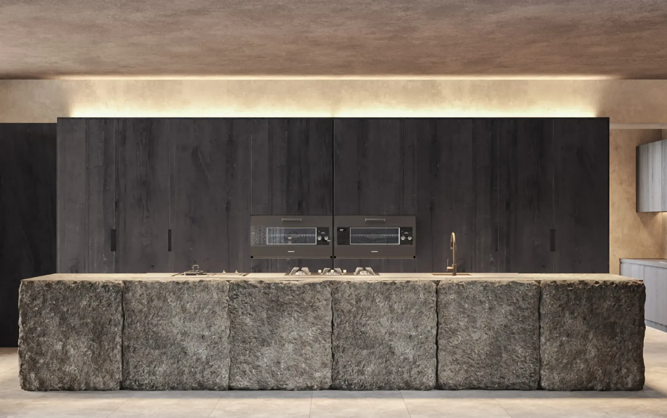 Minimalist luxury kitchen featuring dark wood cabinetry, integrated appliances, and a statement stone island centerpiece.
