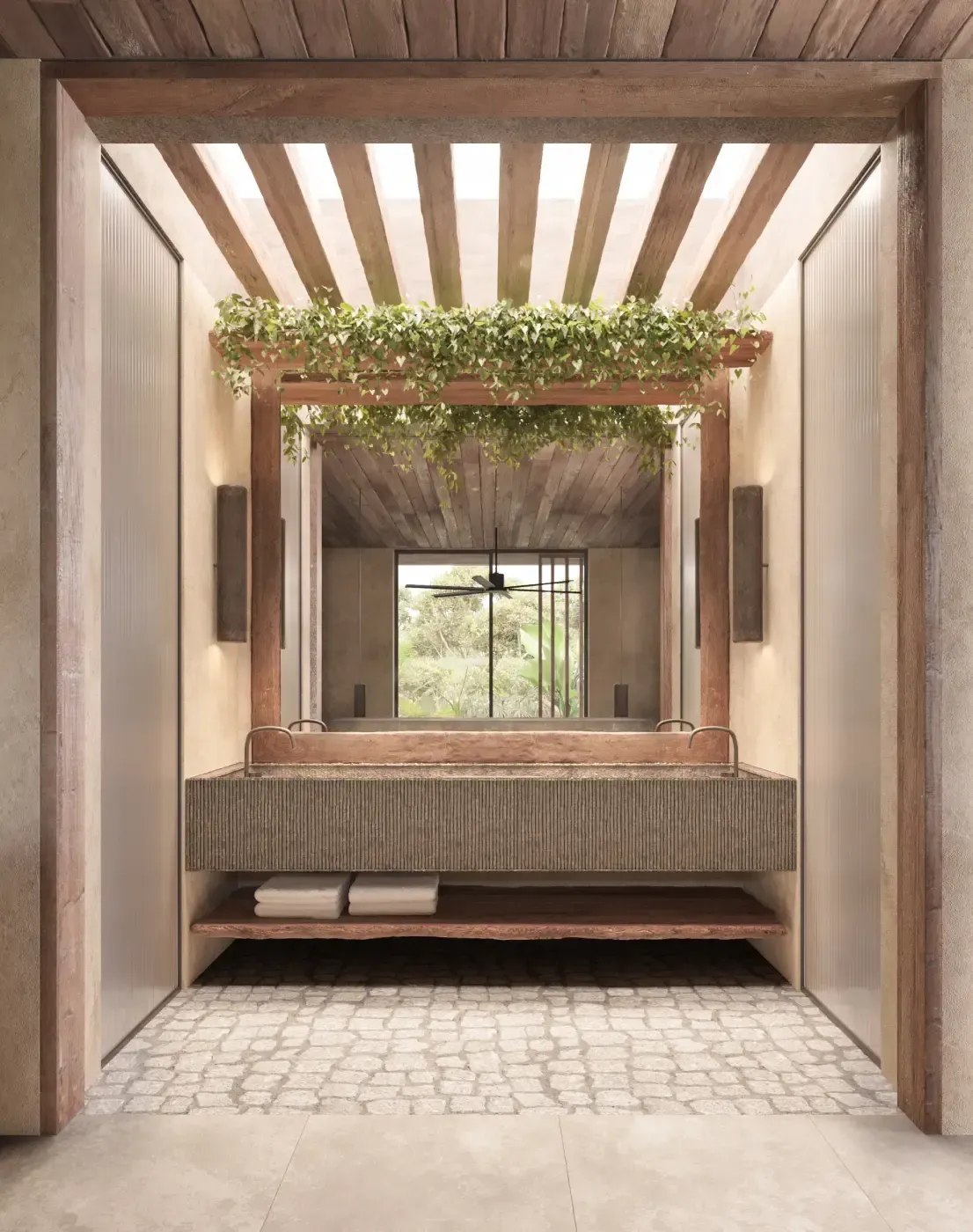 Elegant bathroom with wooden beams, suspended greenery, and natural stone textures.