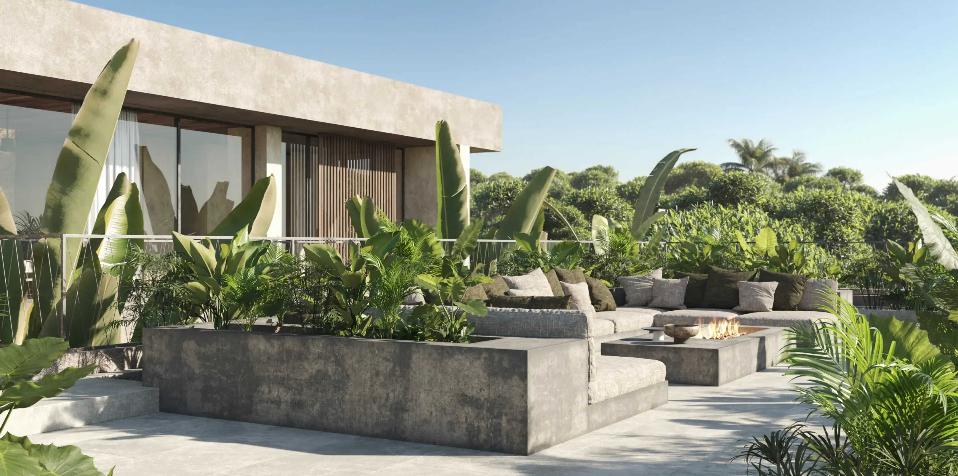 Lush rooftop terrace with built-in seating, tropical landscaping, and firepit feature.