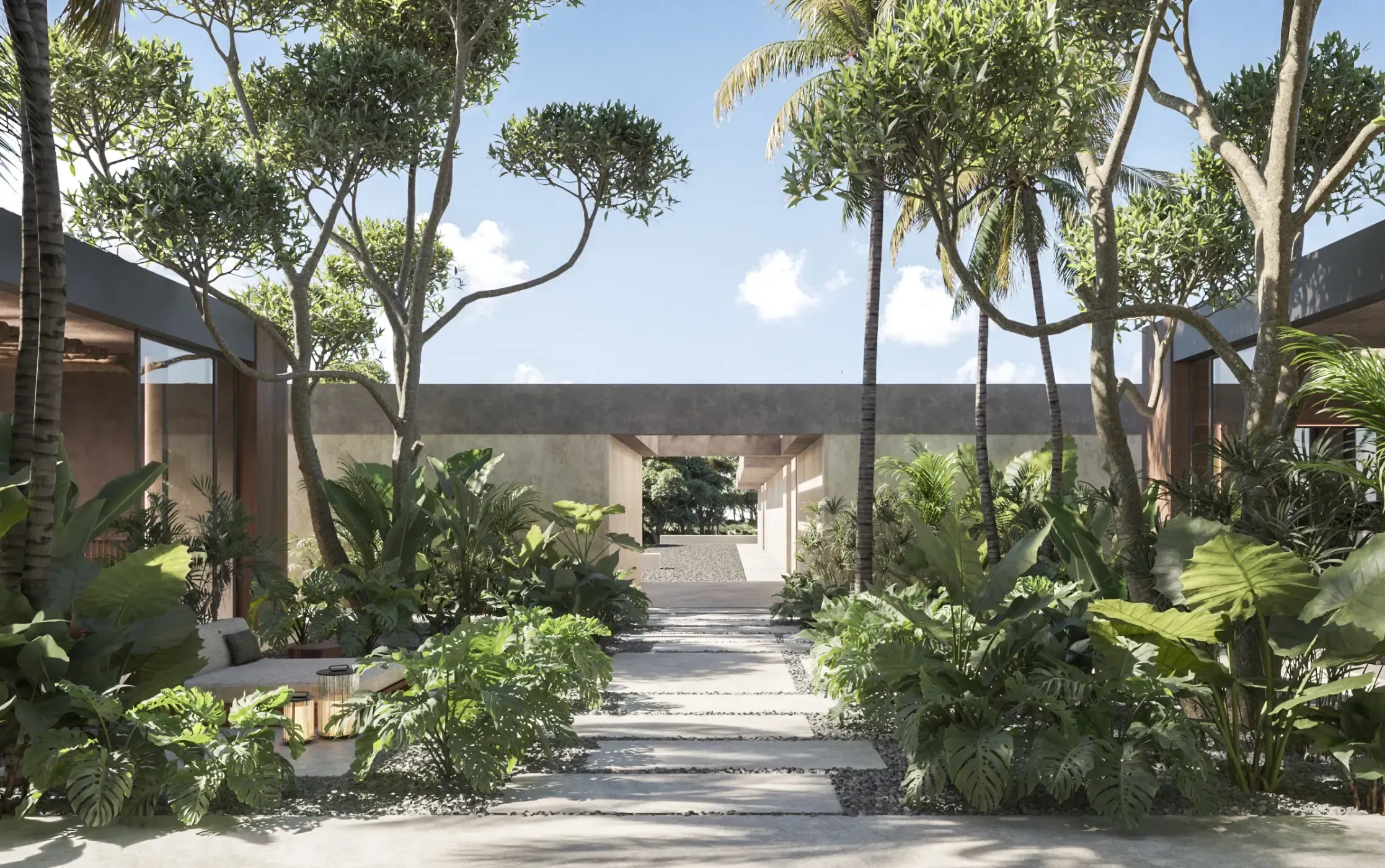 Lush tropical patio with a central stone pathway leading through dense greenery and sculptural trees.
