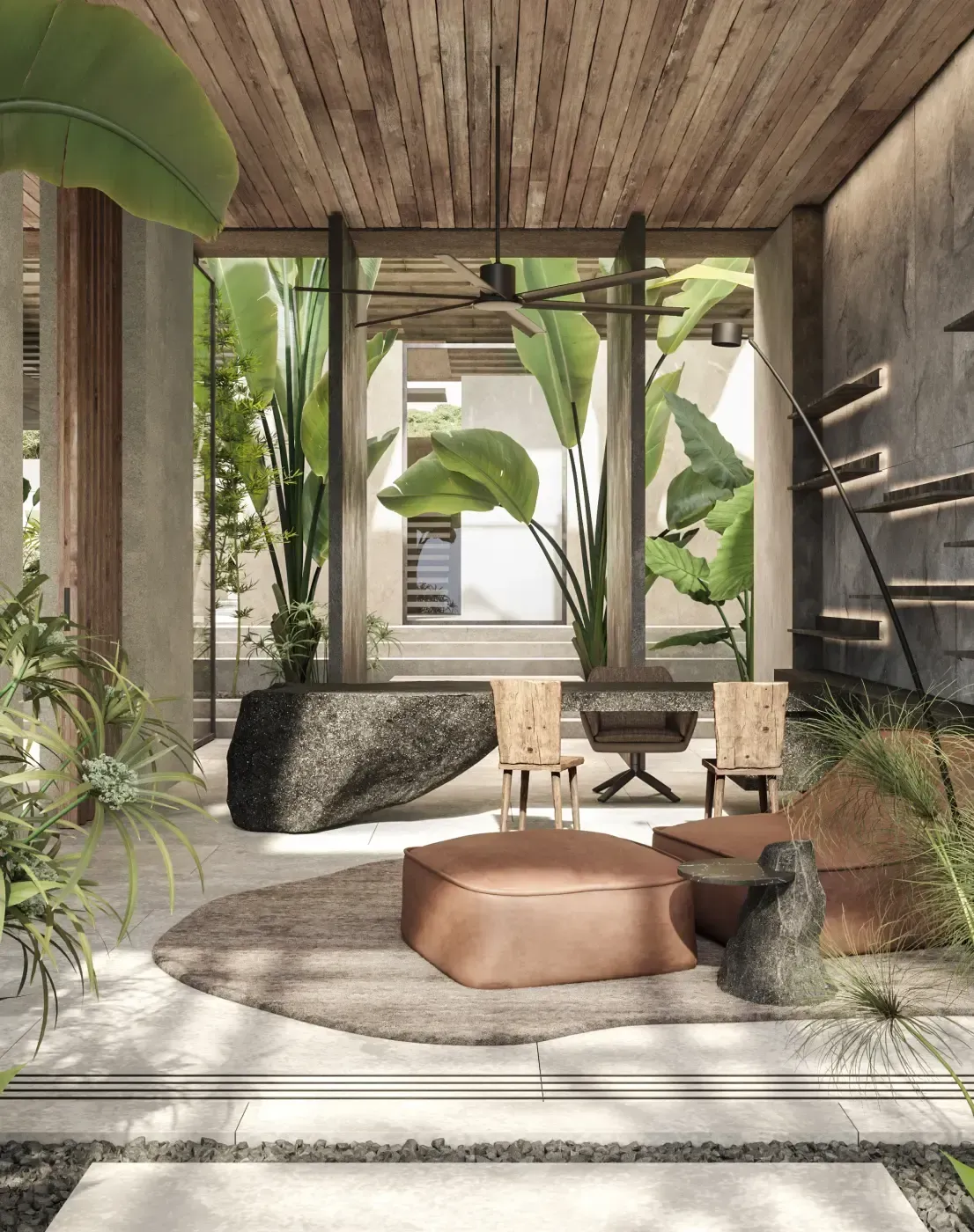 Luxury tropical lounge with stone desk, large leafy plants, wood ceiling, and neutral-toned seating in a contemporary open-air design.