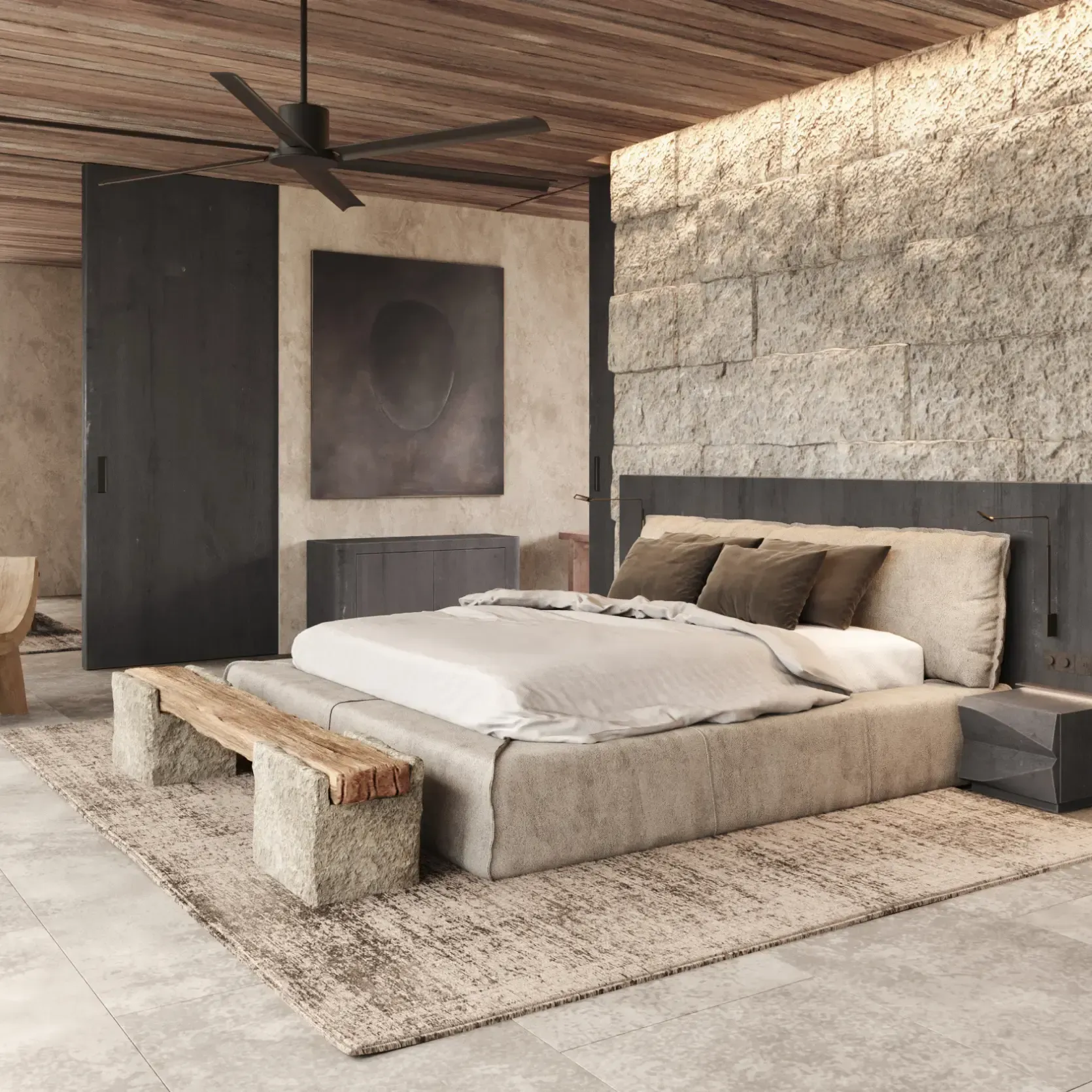Master bedroom with stone feature wall, wooden ceiling, and neutral palette, blending rustic textures with refined modern style.