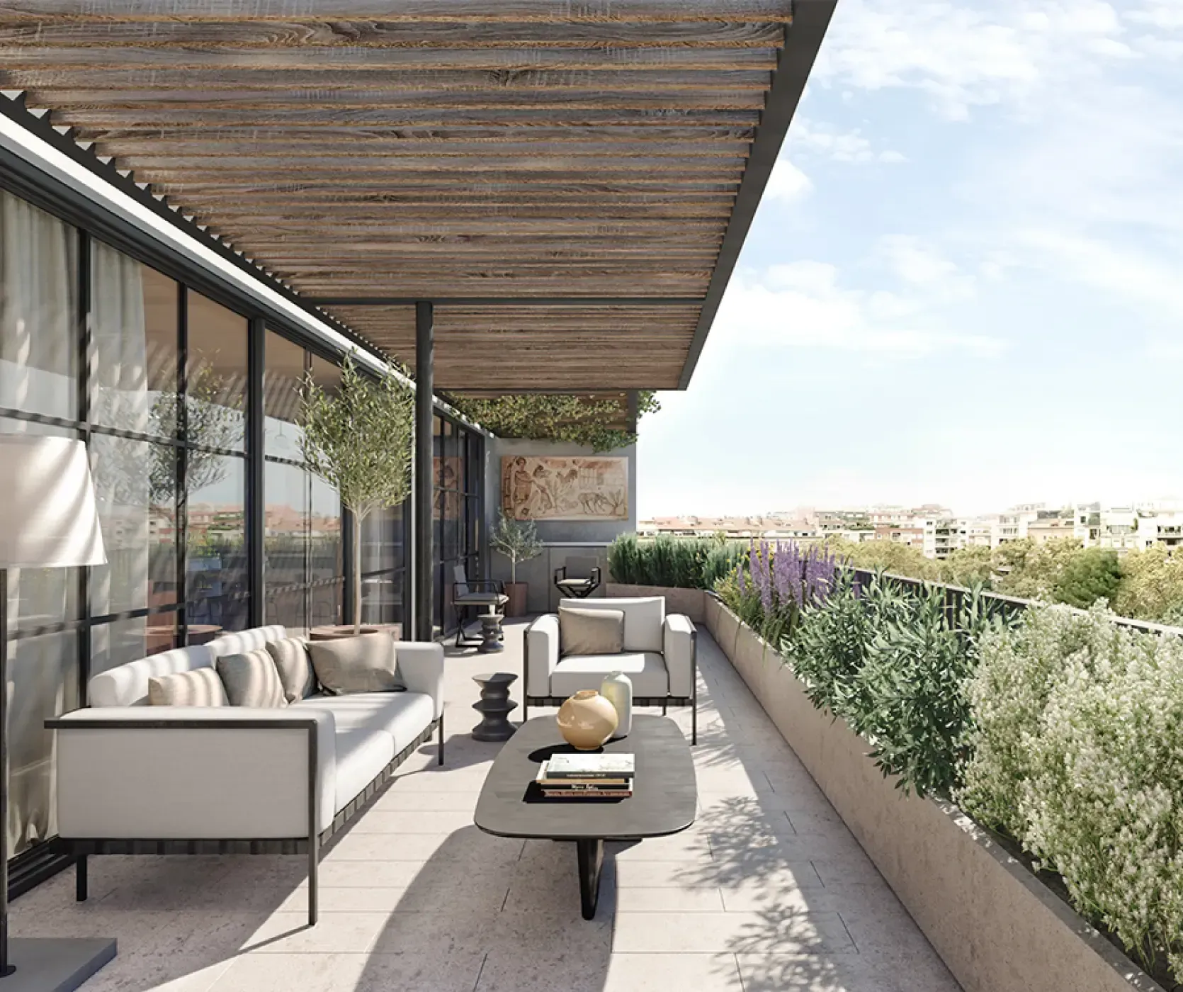 Outdoor terrace with lush greenery and modern seating, part of a luxury apartment by Luv Studio in Barcelona.