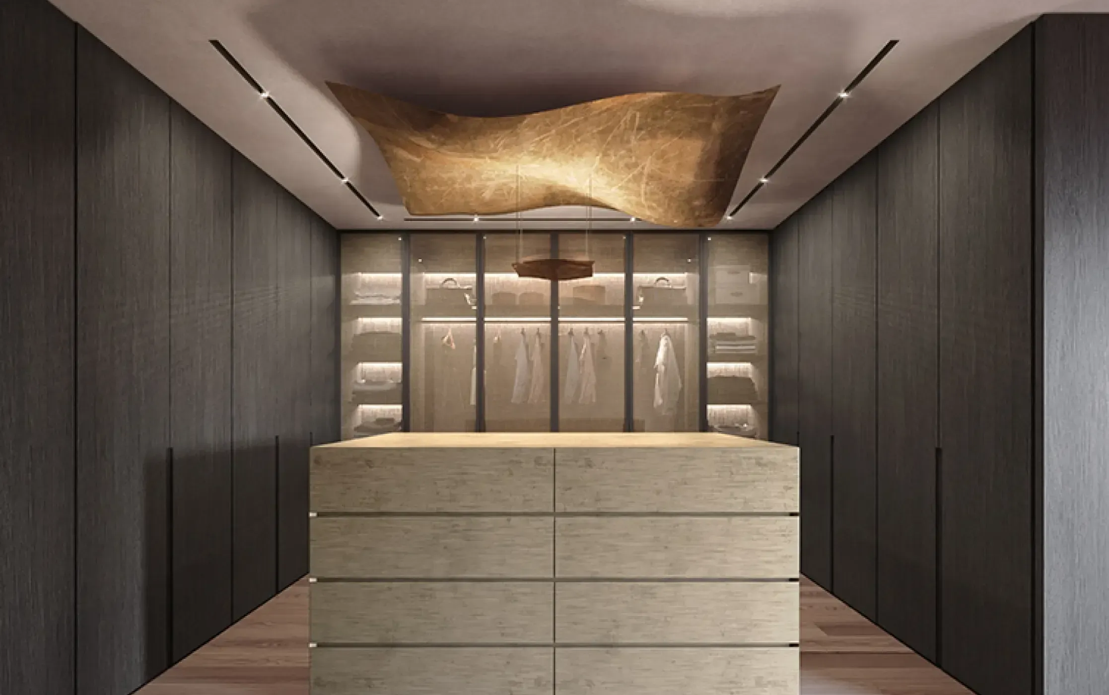 Sophisticated walk-in closet with built-in cabinetry and ambient lighting by Luv Studio, reflecting luxury interior architecture.