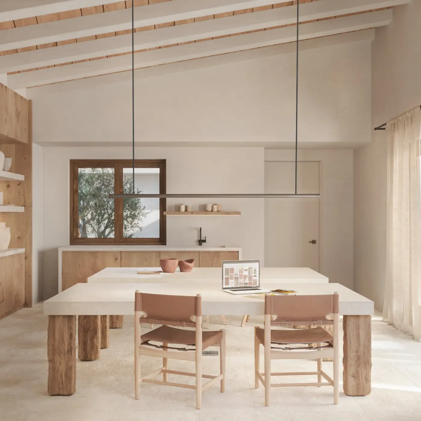 Rustic-chic workspace with wooden shelving, natural light, and ceramic decor.