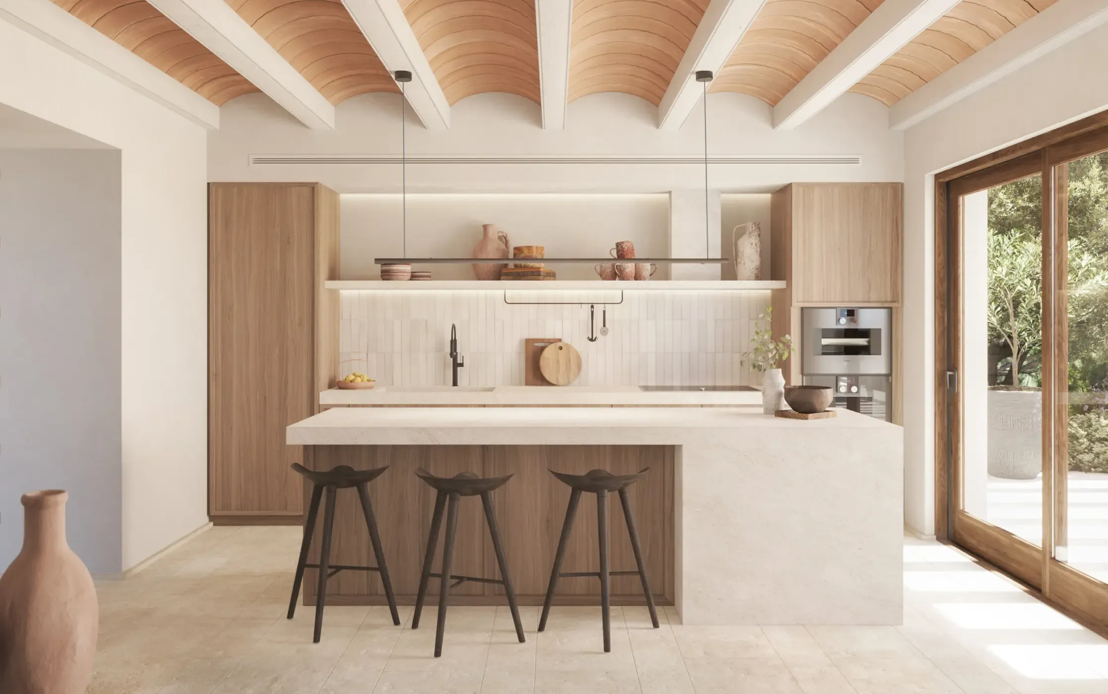 Modern kitchen with vaulted terracotta ceiling, natural wood, and island counter.