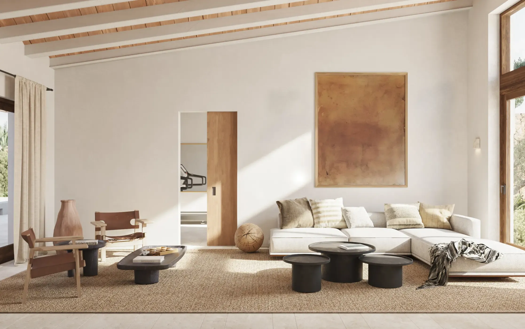 Cozy and elegant living room with neutral tones, wooden accents, and modern art.